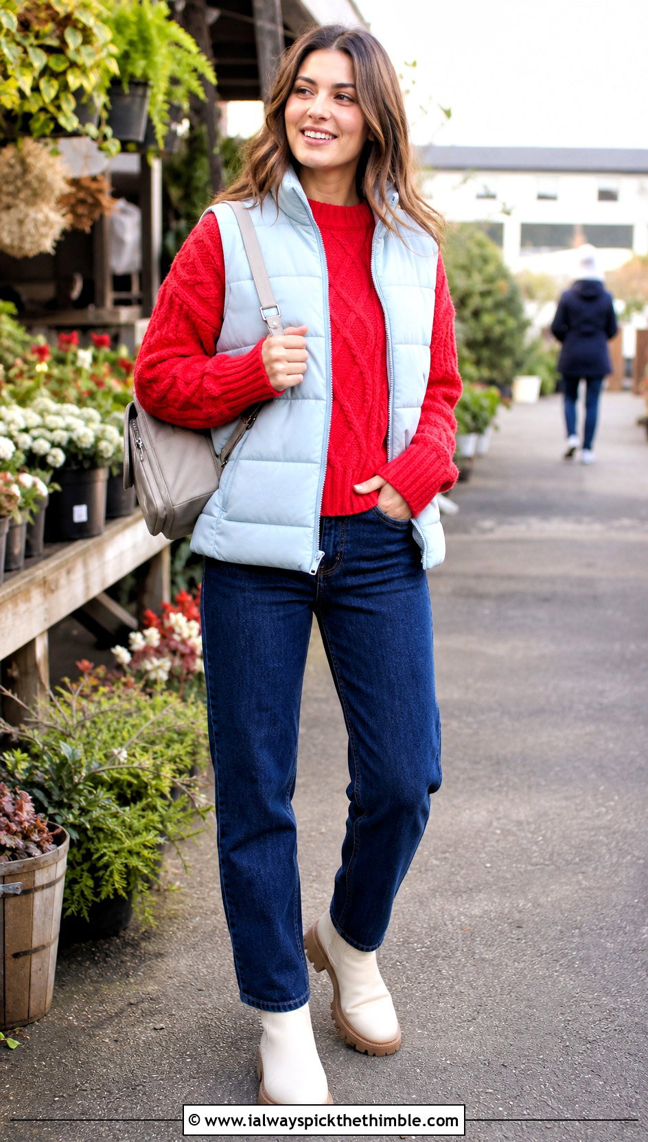 Drop Shoulder Crochet Fisherman Sweater With A Puffer Vest - 20 crochet fisherman sweater outfit ideas