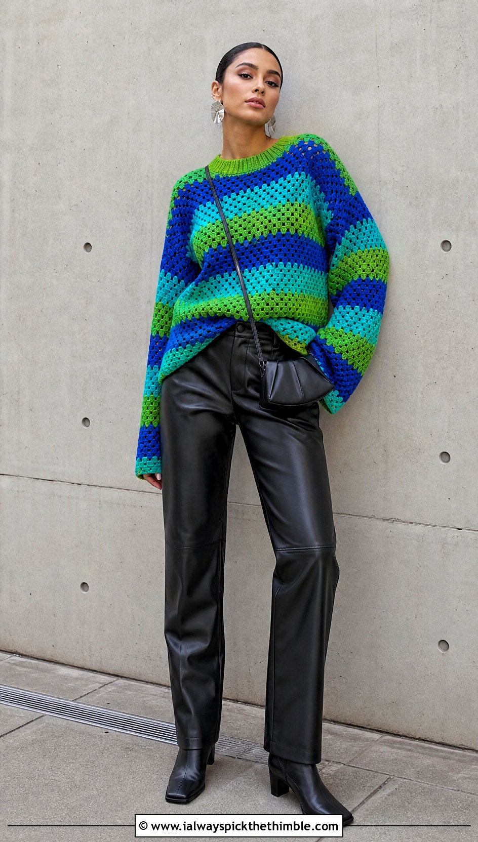 Drop Shoulder Crochet Granny Stripe Sweater With Leather Pants - 20 Crochet Granny Stripe Sweater outfit ideas