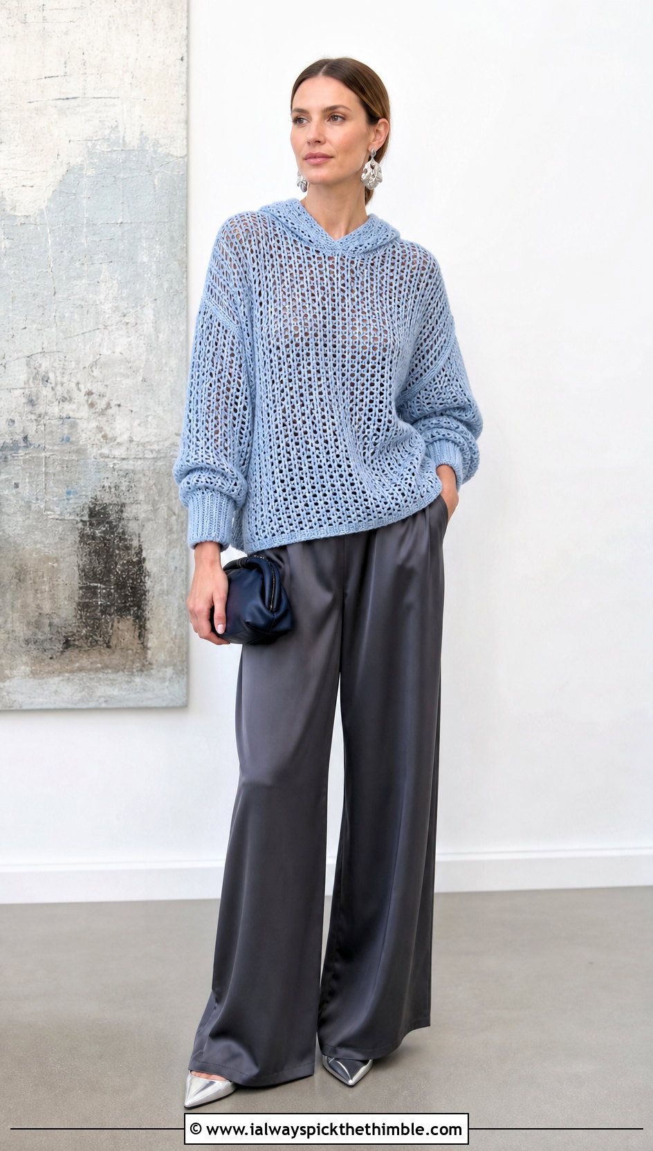 Drop Shoulder Crochet Hooded Sweater With Satin Pants - 20 crochet hooded sweater outfit ideas