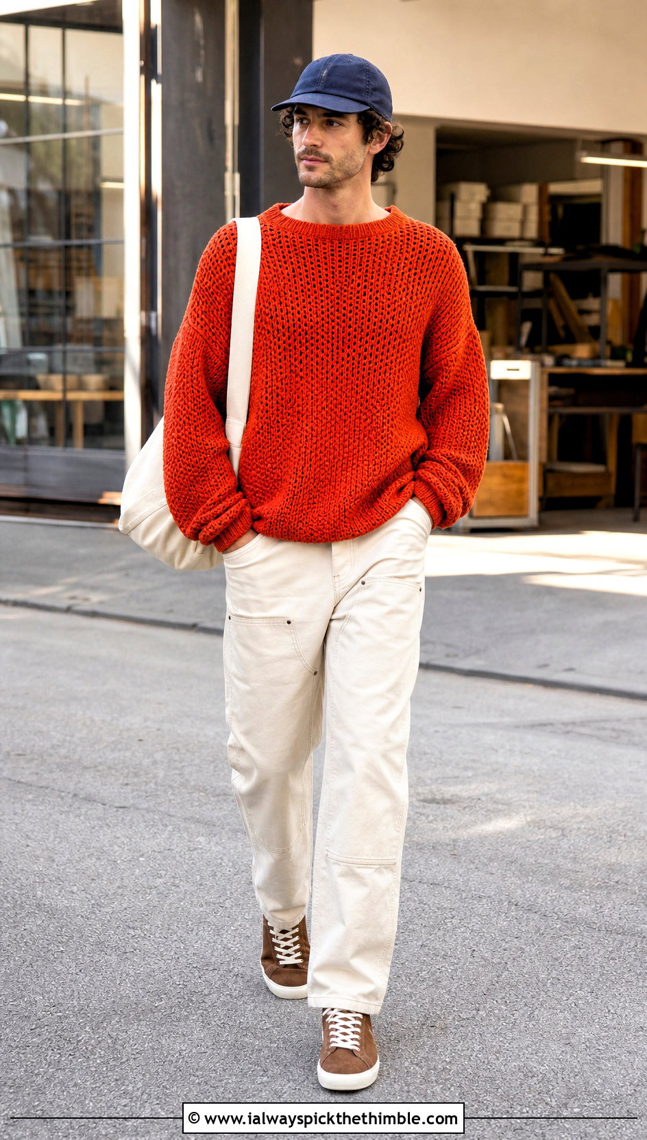 Drop Shoulder Crochet Jumper With Carpenter Pants - 25 men crochet jumper outfit ideas
