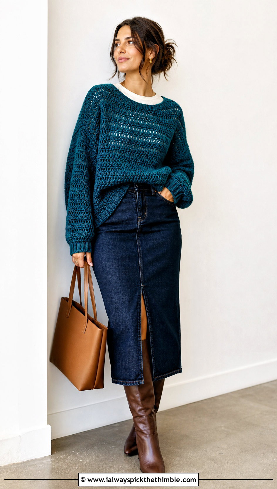 Drop Shoulder Crochet Loose Sweater With Denim Midi Skirt - 25 crochet loose sweater outfit ideas