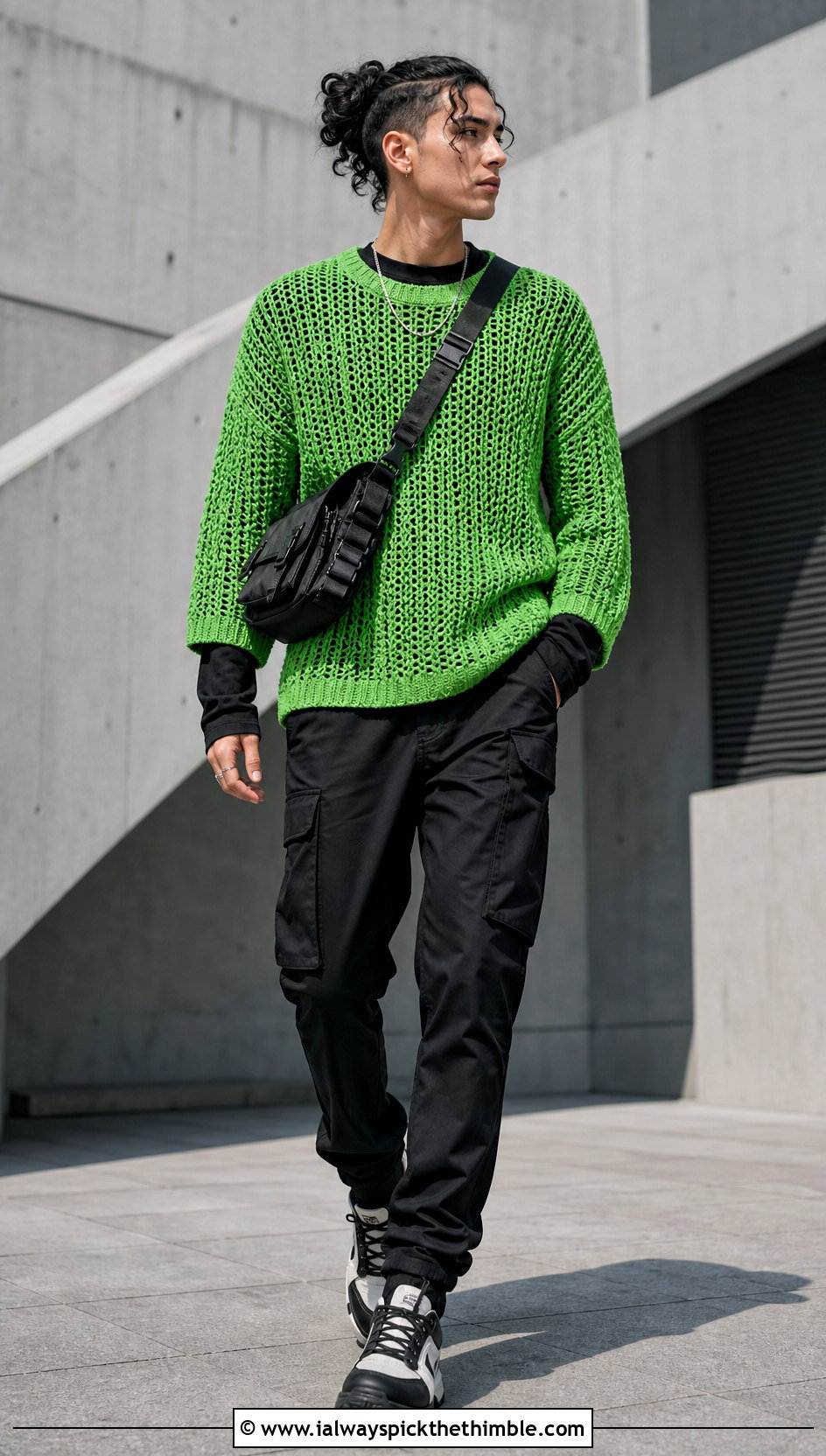 Drop Shoulder Crochet Pullover With Cargo Pants - 20 Masc Crochet Clothes and outfit ideas