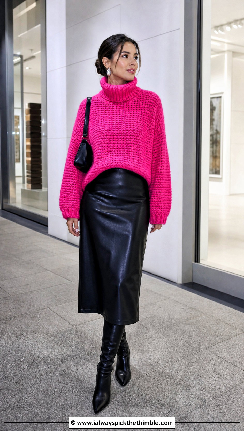 Drop Shoulder Crochet Roll Neck Sweater With Leather Skirt - 20 Crochet Roll Neck Sweater outfit ideas