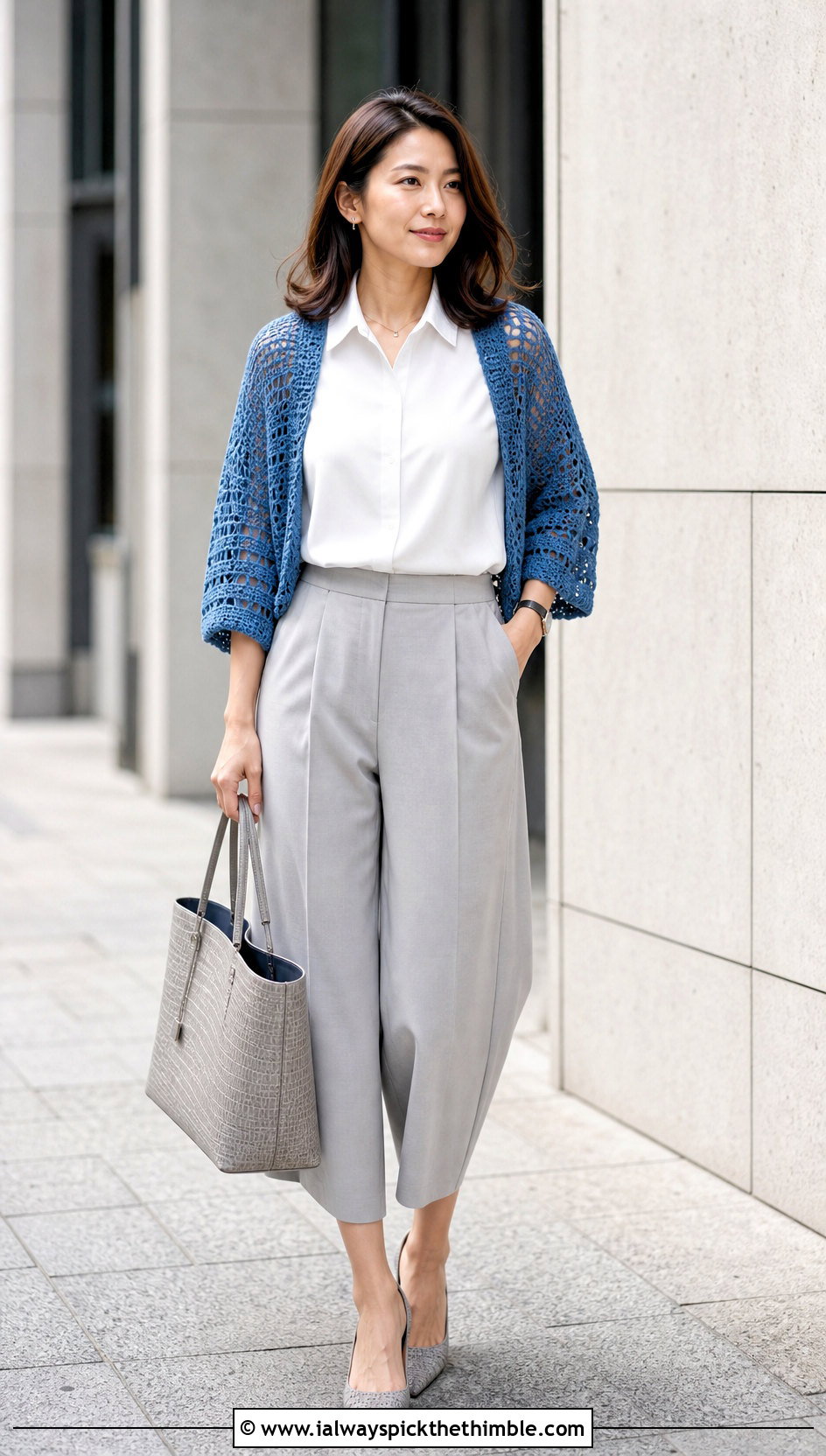 Drop Shoulder Crochet Shrug With Culottes - 20 crochet sweater sleeves outfit ideas