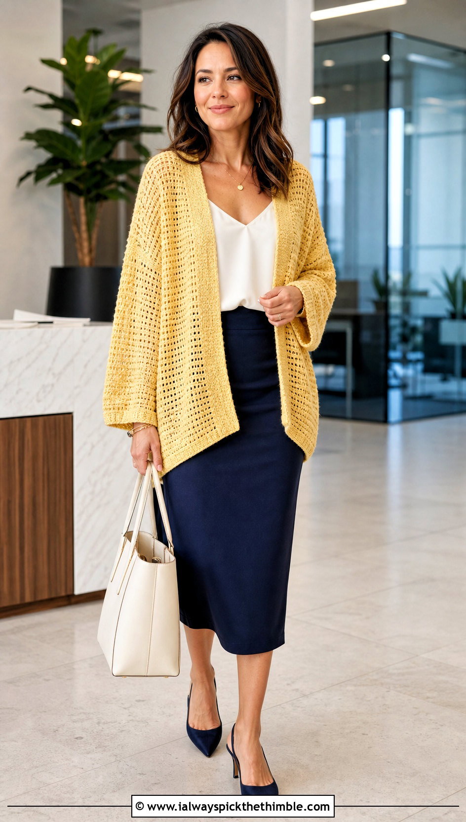 Drop Shoulder Crochet Slouchy Cardigan With Pencil Skirt - 20 Crochet Slouchy Cardigan outfit ideas