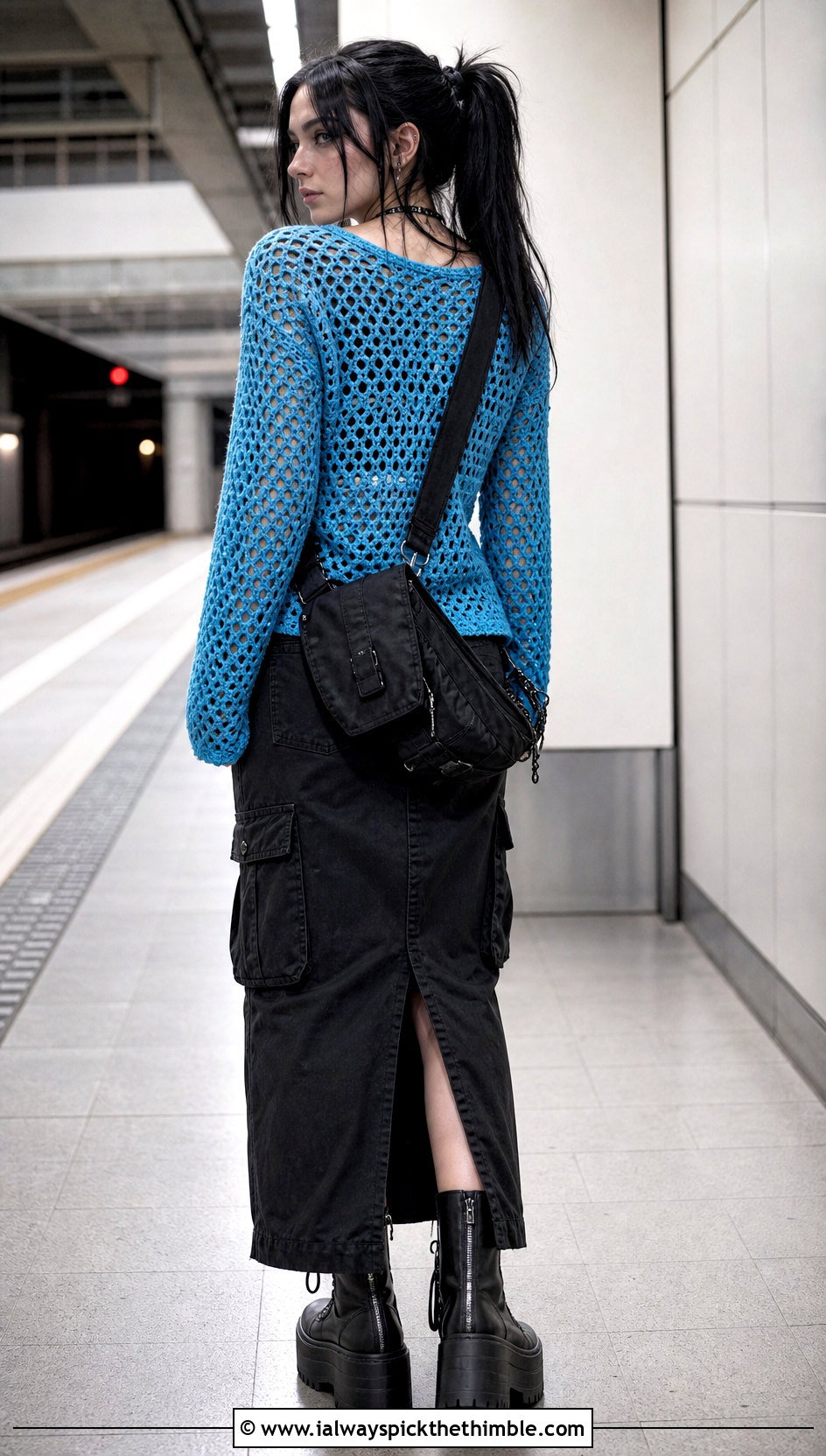 Drop Shoulder Crochet Sweater With Cargo Maxi Skirt - 20 goth crochet sweater outfit ideas