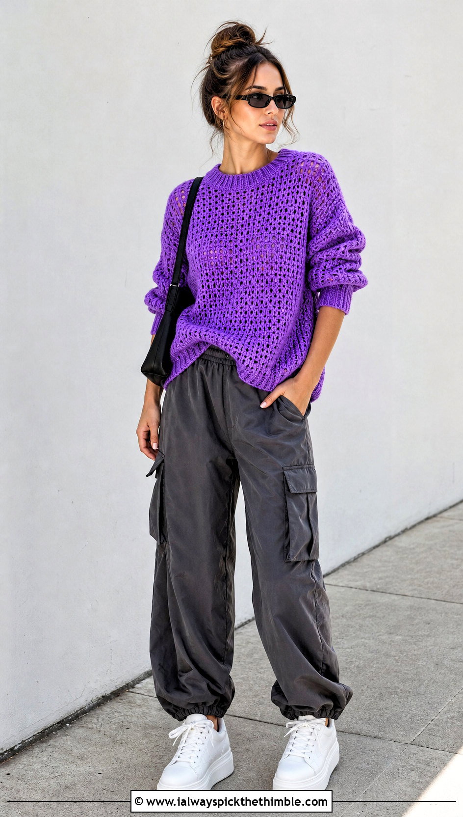 Drop Shoulder Crochet Sweater With Cargo Pants - 25 crochet sweater women outfit ideas