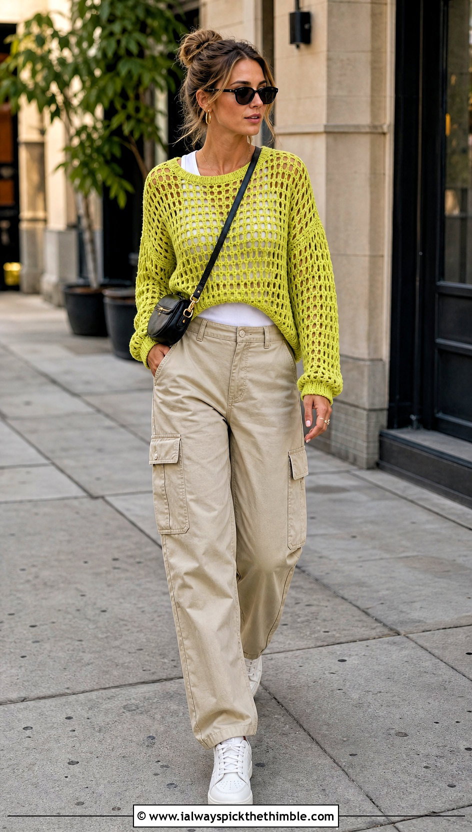Drop Shoulder Crochet Sweater With Cargo Pants - 20 crochet women sweater outfit ideas