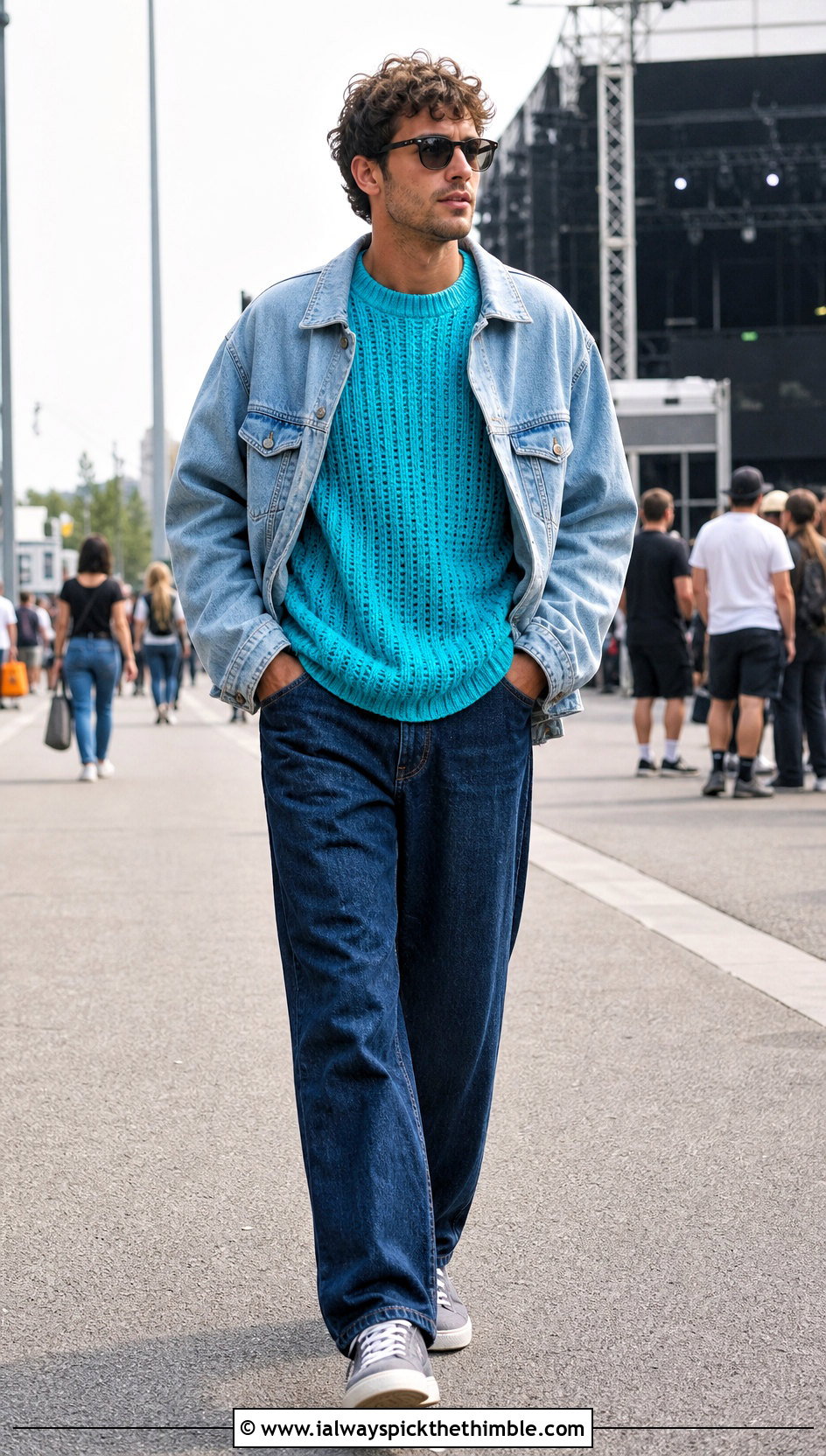 Drop Shoulder Crochet Sweater With Double Denim - 25 men crochet sweater outfit ideas