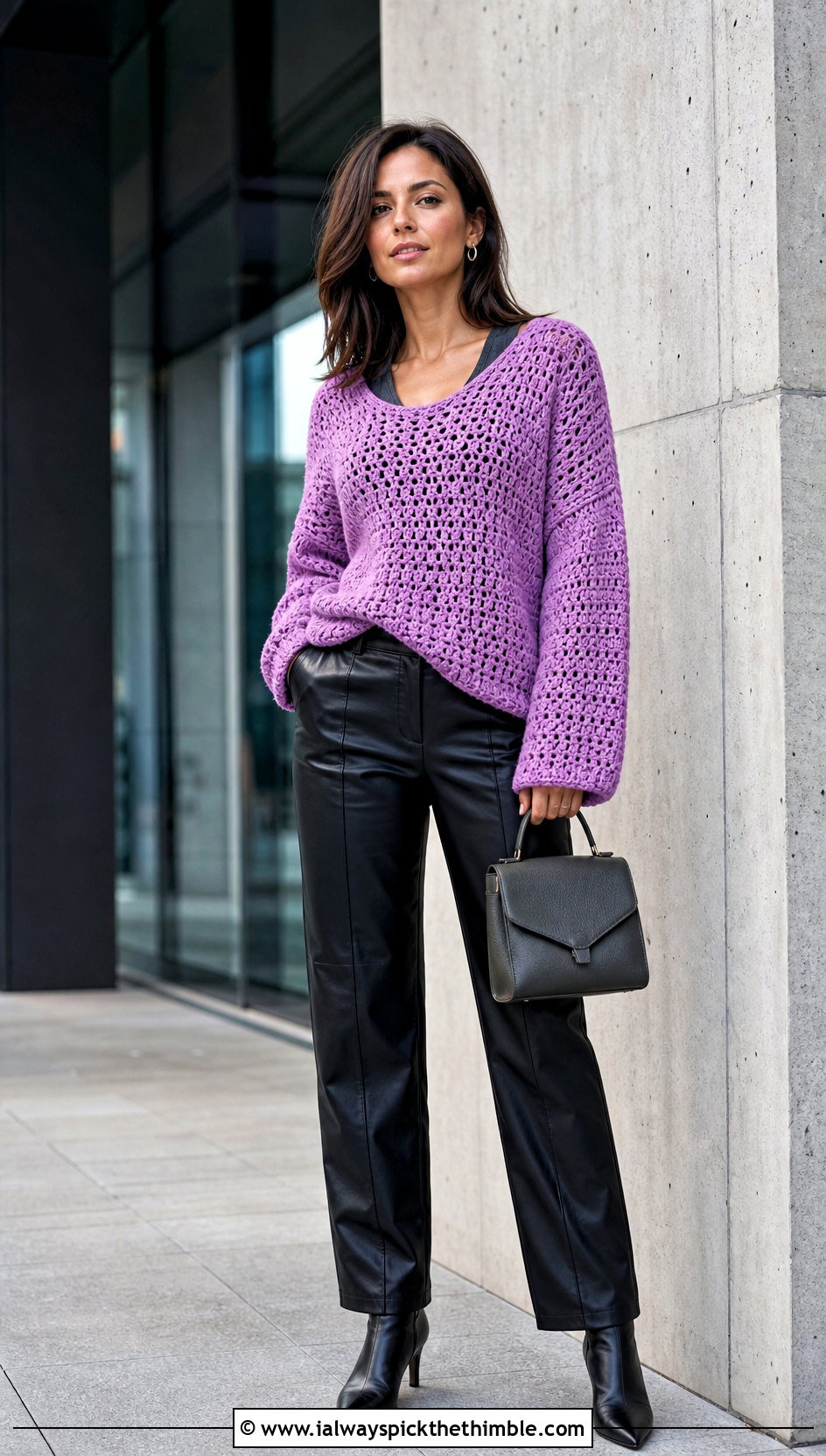 Drop Shoulder Crochet Sweater With Leather Pants - 25 simple crochet sweater outfit ideas