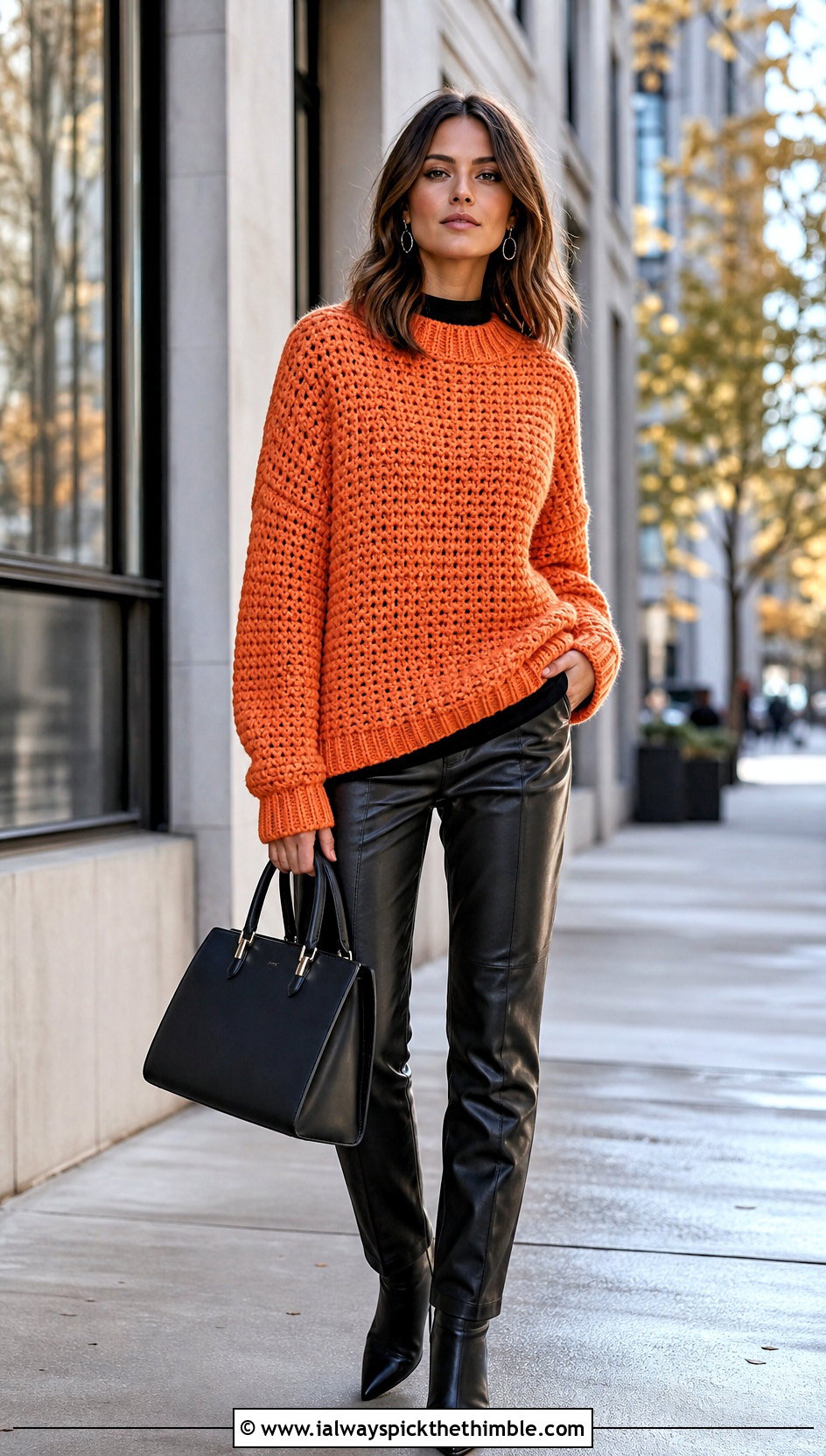 Drop Shoulder Crochet Sweater With Leather Pants - 20 crochet clothing for beginners outfit ideas