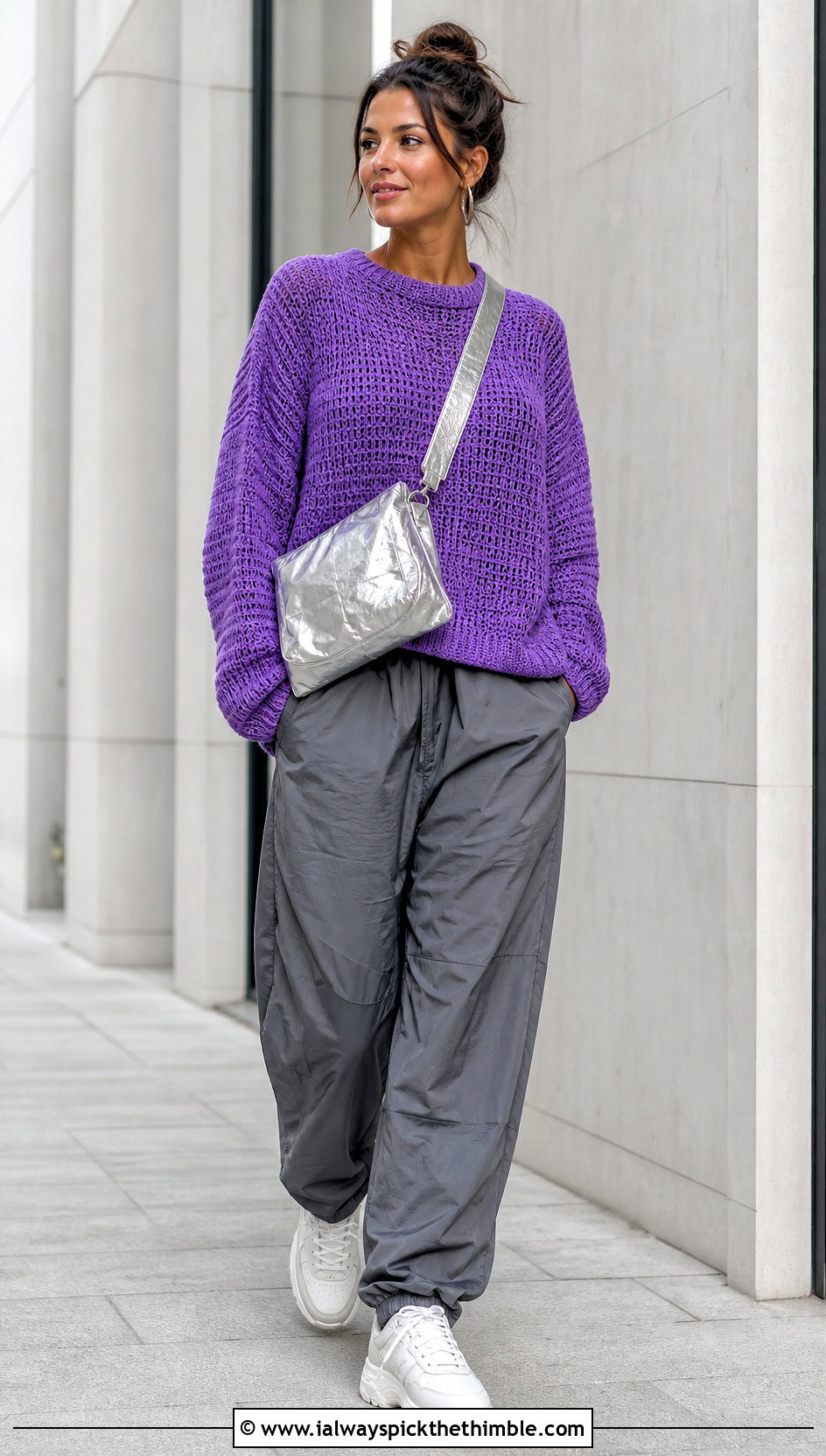 Drop Shoulder Crochet Sweater With Parachute Pants - 25 crochet sweater for women outfit ideas