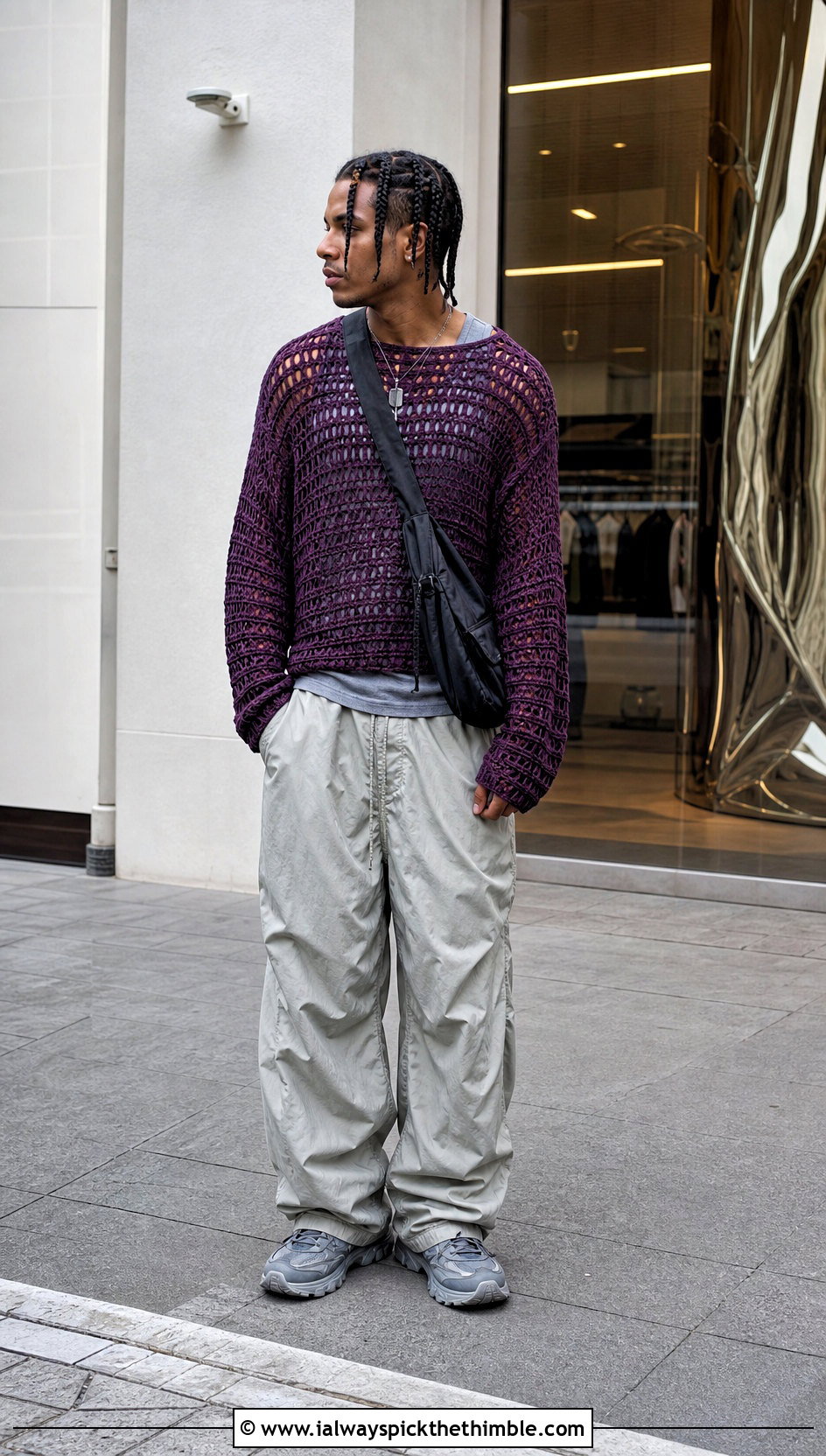 Drop Shoulder Crochet Sweater With Parachute Pants - 25 crochet mens sweater outfit ideas