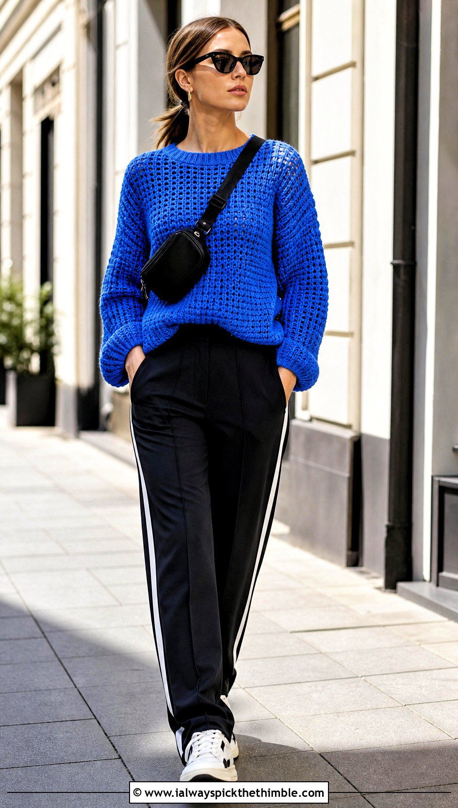 Drop Shoulder Crochet Sweater With Track Pants - 20 Boho Crochet Sweater outfit ideas