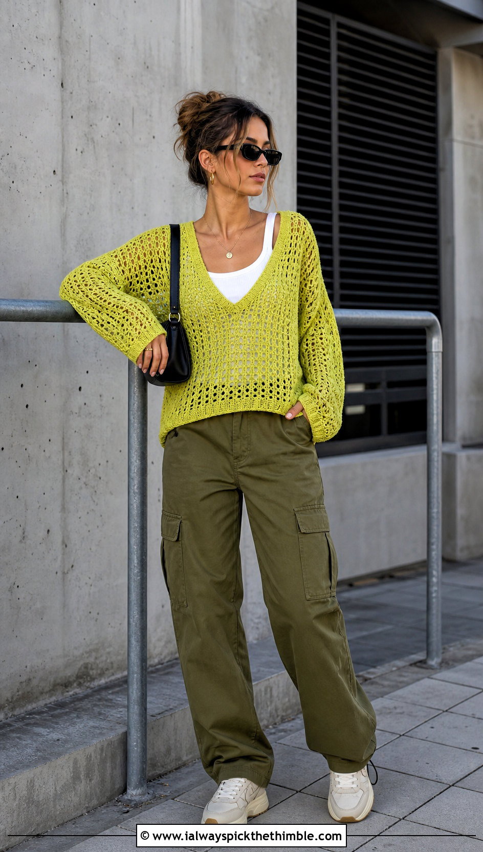 Drop Shoulder Crochet V Neck Sweater With Cargo Pants - 20 Crochet Vneck Sweater outfit ideas