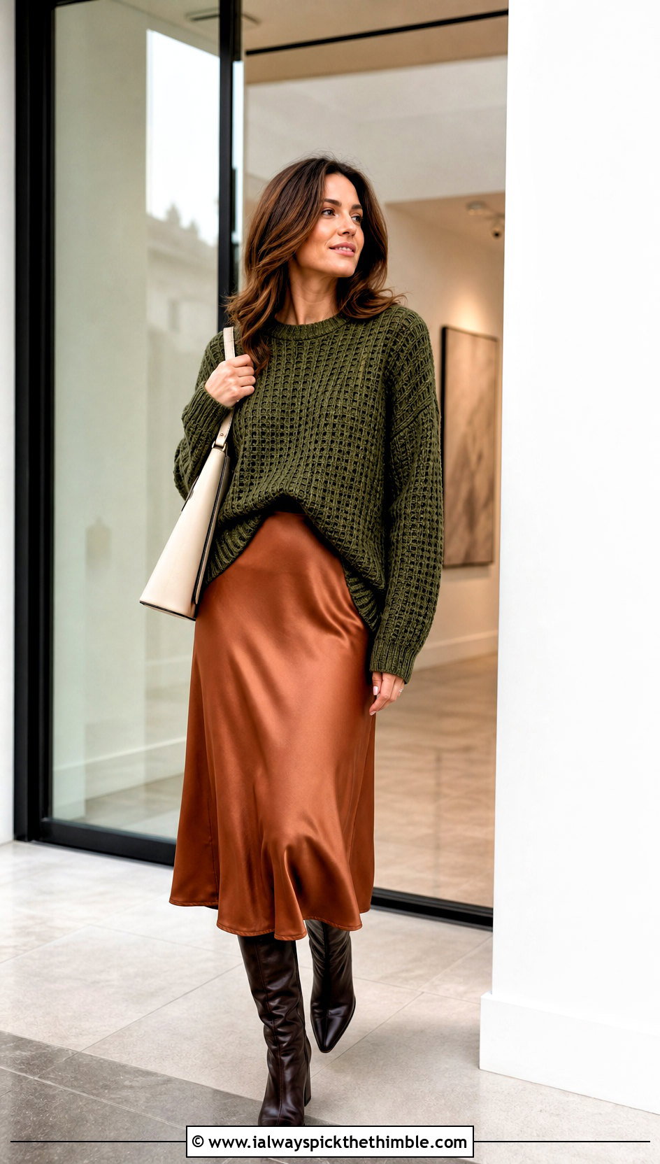 Drop Shoulder Crochet Waffle Sweater Over A Slip Dress - 15 Crochet Waffle Sweater outfit ideas