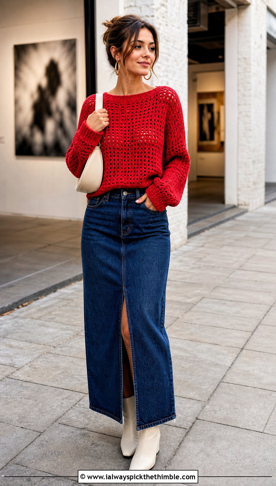 Drop Shoulder Fisherman Crochet Sweater With Denim Maxi Skirt - 20 Fisherman Crochet Sweater outfit ideas