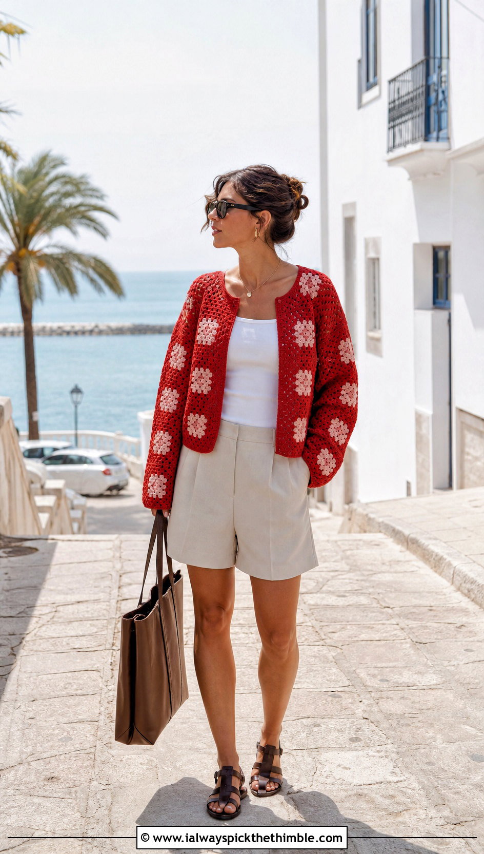 Drop Shoulder Granny Square Sweater With Bermuda Shorts - 20 oversized granny square sweater outfit ideas