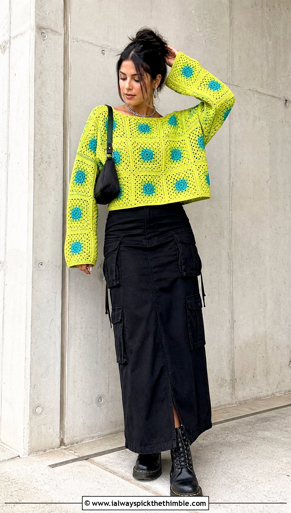 Drop Shoulder Granny Square Sweater With Cargo Maxi Skirt - 25 granny square sweater outfit ideas
