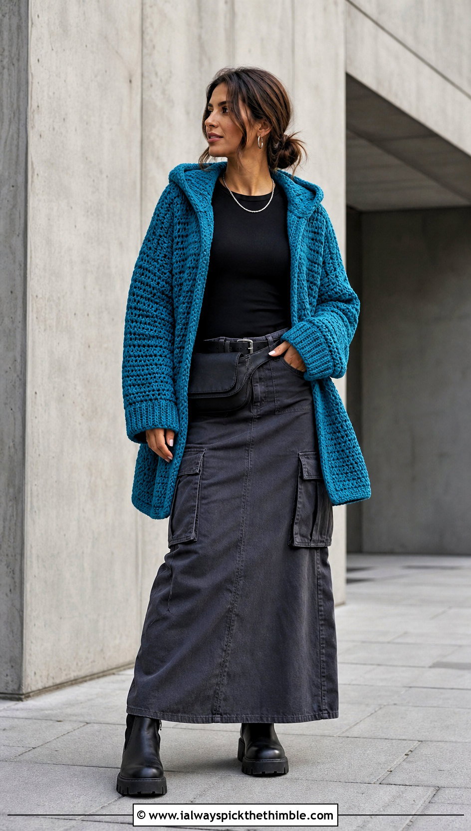 Drop Shoulder Hooded Crochet Cardigan With Cargo Maxi Skirt - 20 crochet hoodie cardigan outfit ideas