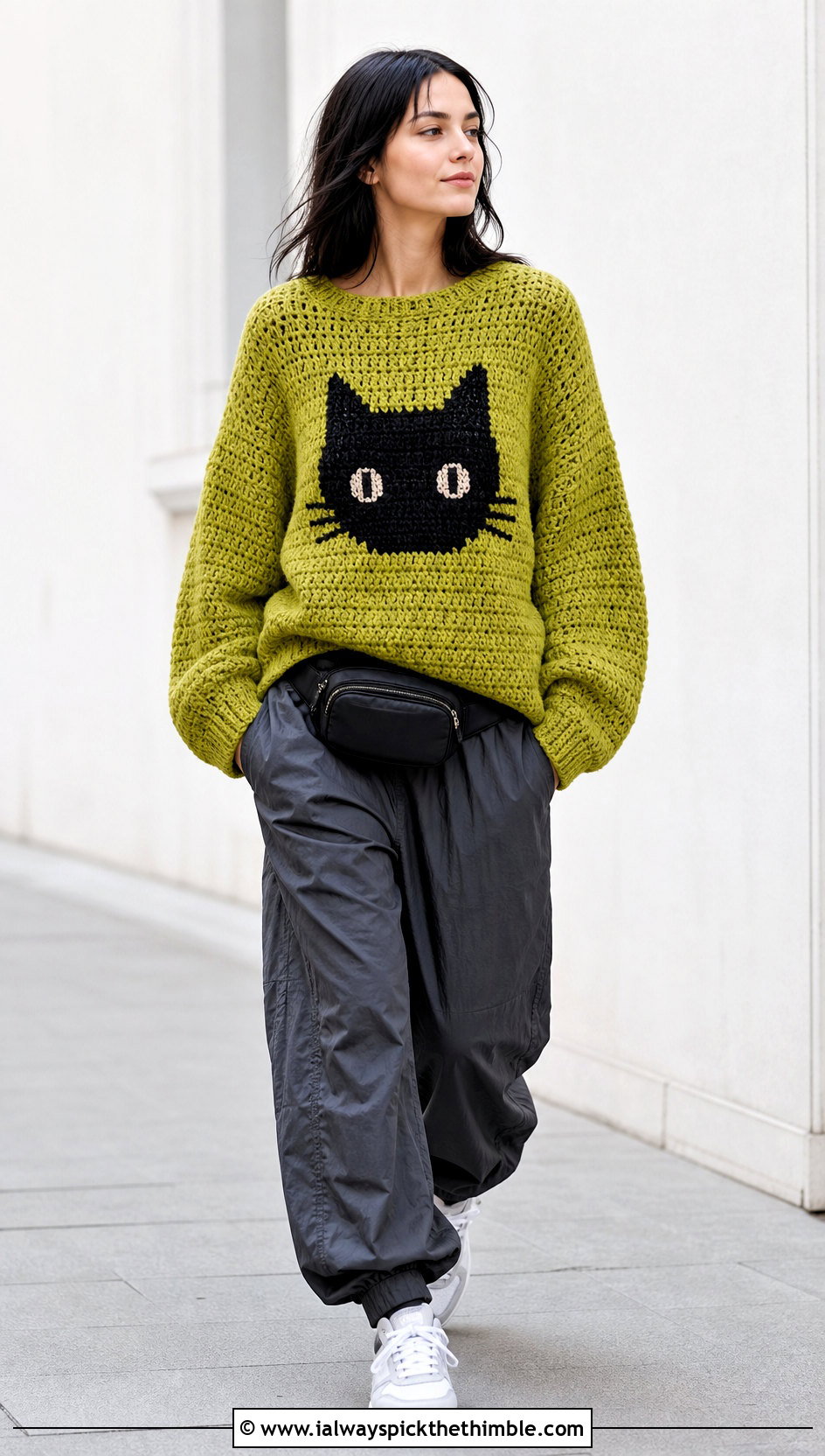 Drop Shoulder Marceline Cat Sweater With Parachute Pants - 20 crochet marceline sweater outfit ideas