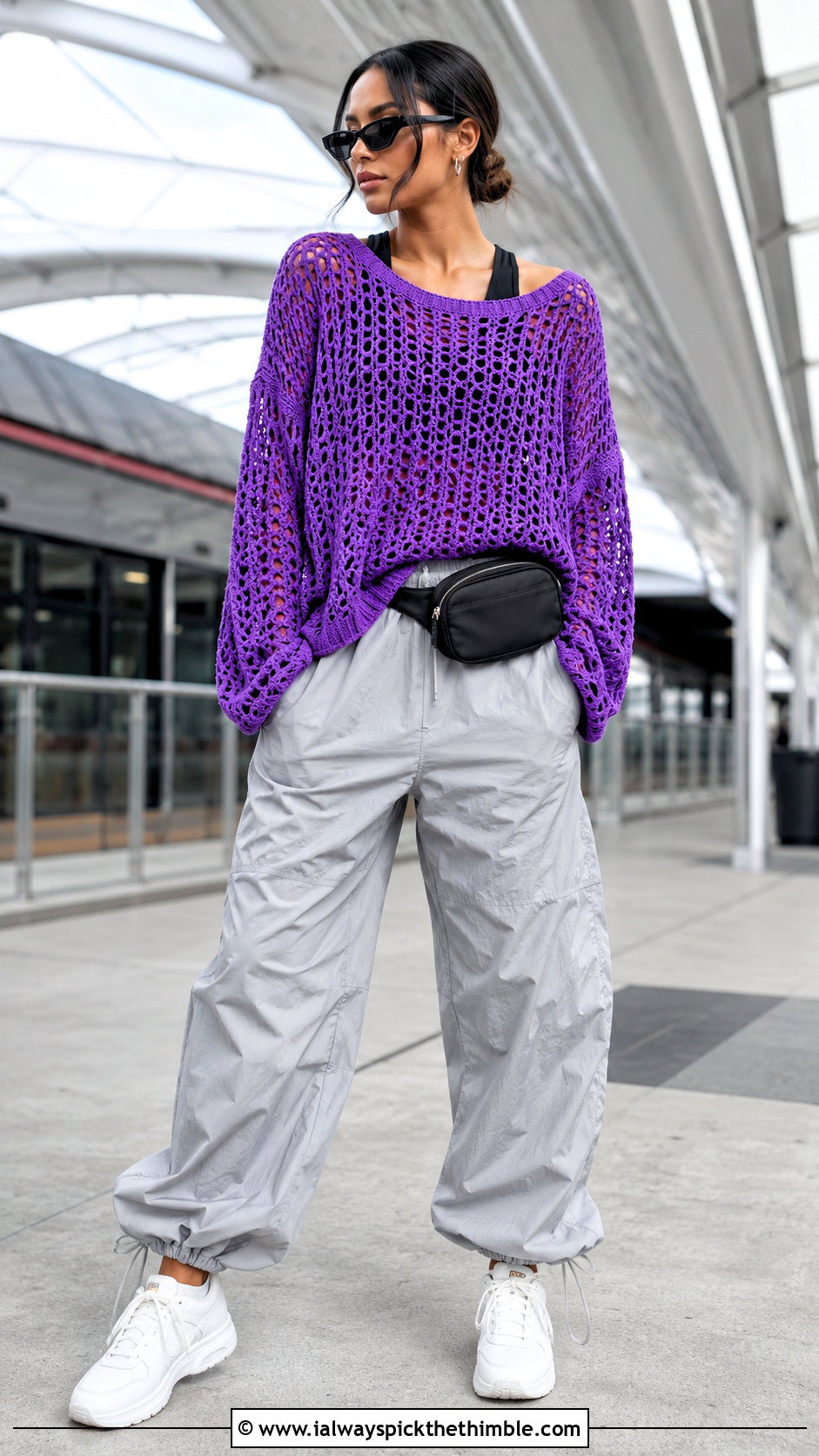 Drop Shoulder Mesh Crochet Sweater With Parachute Pants - 20 mesh crochet sweater outfit ideas