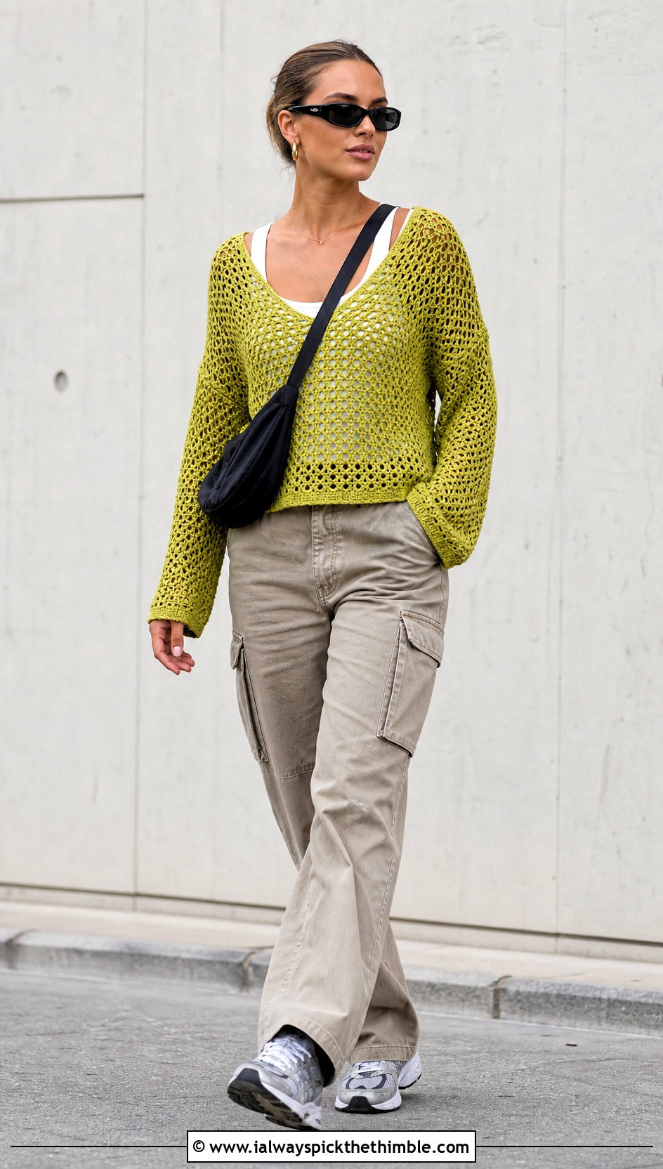 Drop Shoulder Mesh V Neck Crochet Sweater With Cargo Pants - 15 v-neck crochet sweater outfit ideas