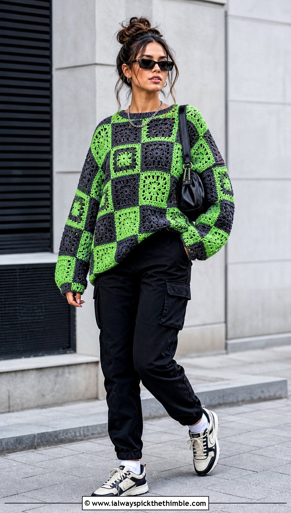 Drop Shoulder Mosaic Crochet Sweater With Cargo Pants - 20 Mosaic Crochet Sweater outfit ideas