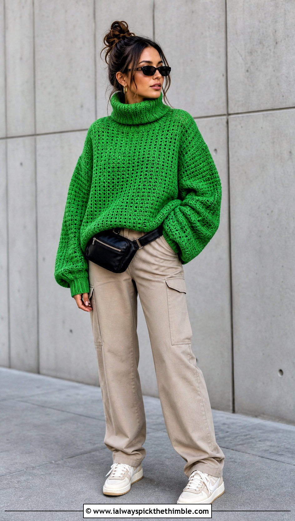 Drop Shoulder Oversized Turtleneck Crochet Sweater With Cargo Pants - 15 oversized turtleneck crochet sweater outfit ideas