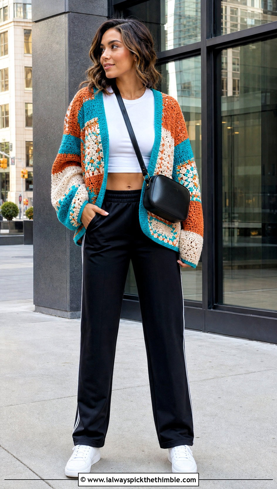 Drop Shoulder Patchwork Cardigan With Track Pants - 20 crochet patch work cardigan outfit ideas