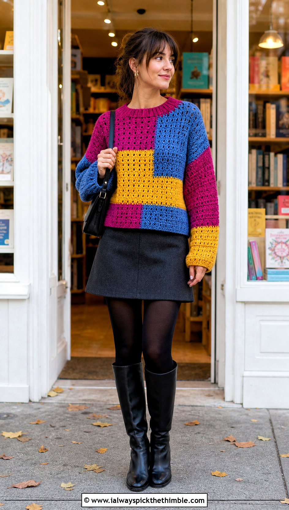 Drop Shoulder Patchwork Crochet Sweater With Mini Skirt And Tights - 25 patchwork crochet sweater outfit ideas