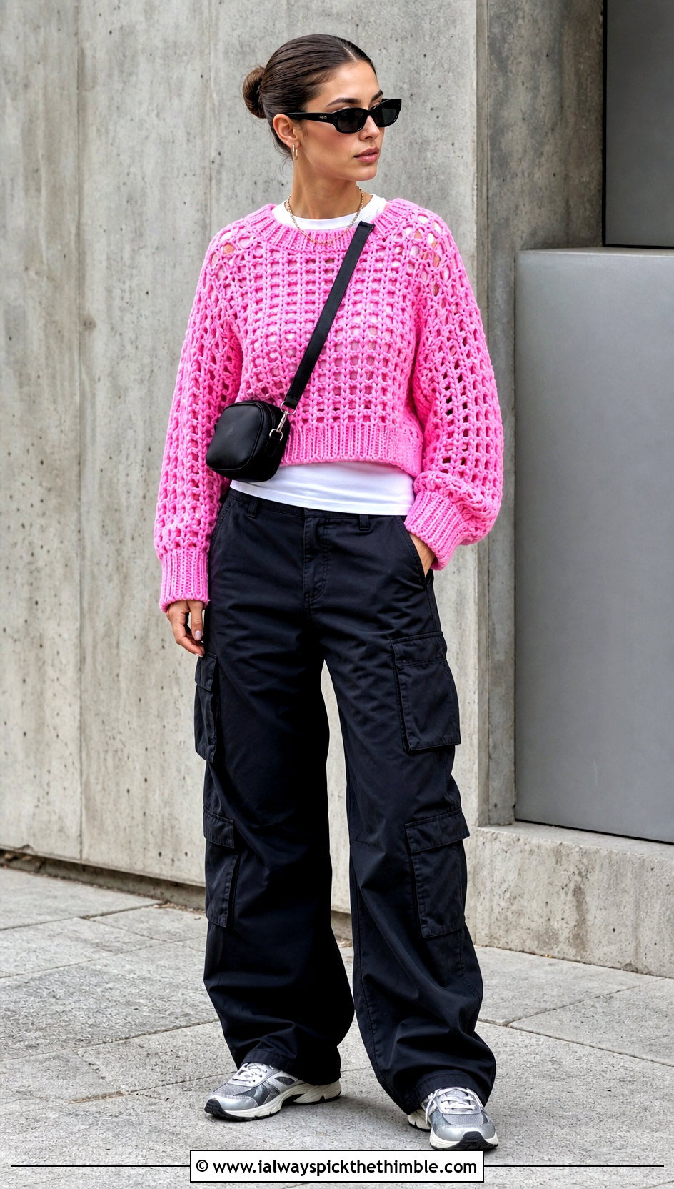 Drop Shoulder Pullover Crochet Sweater With Cargo Pants - 20 Pullover Crochet Sweater outfit ideas