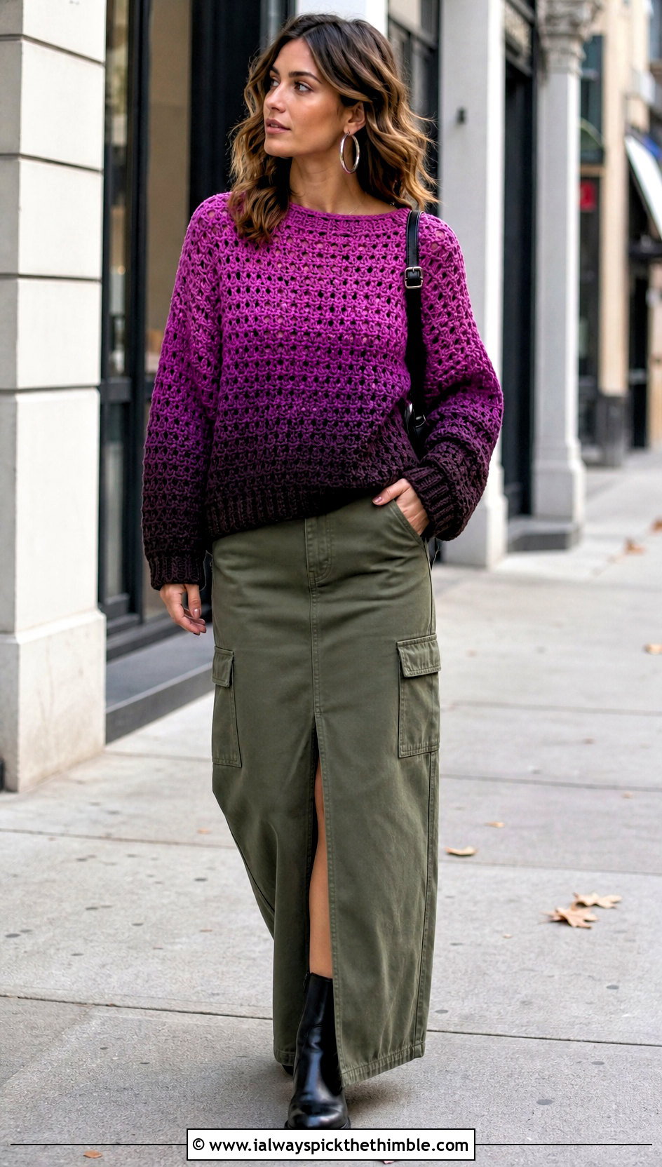 Drop Shoulder Purple Ombre Crochet Sweater With Cargo Maxi Skirt - 15 purple ombre crochet sweater outfit ideas