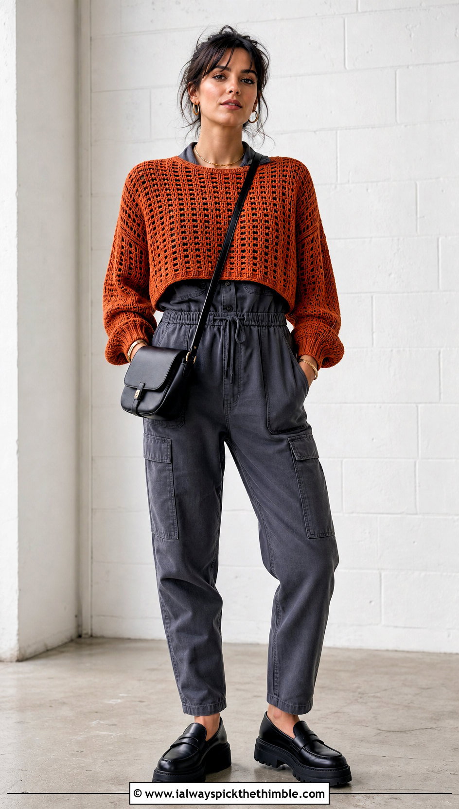 Drop Shoulder Square Crochet Sweater Over A Utility Jumpsuit - 20 Square Crochet Sweater outfit ideas