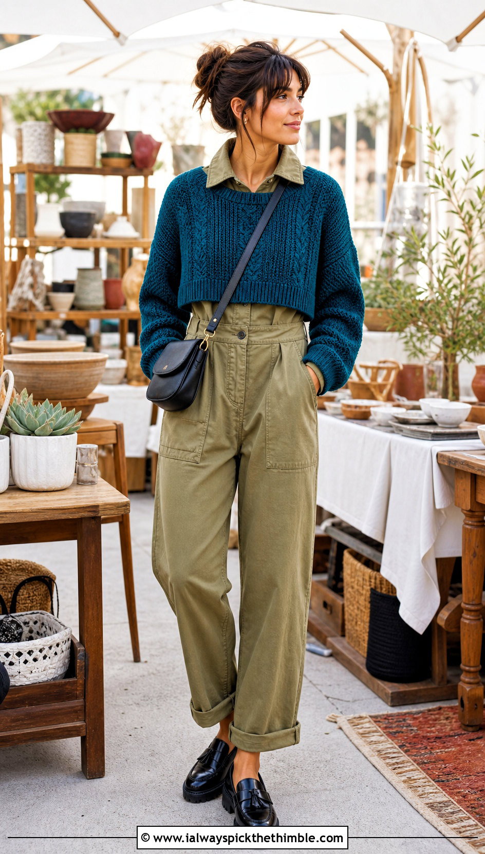 Drop Shoulder Square Sweater Over A Utility Jumpsuit - 25 Crochet Square Sweater outfit ideas