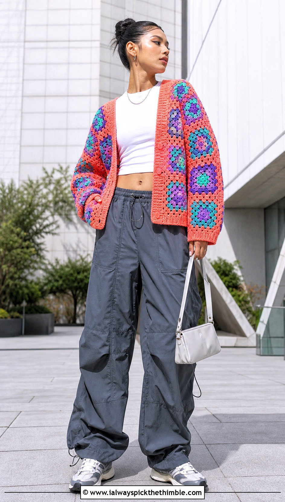 Drop Shoulder Sunburst Granny Square Cardigan With Parachute Pants - 25 sunburst granny square cardigan outfit ideas