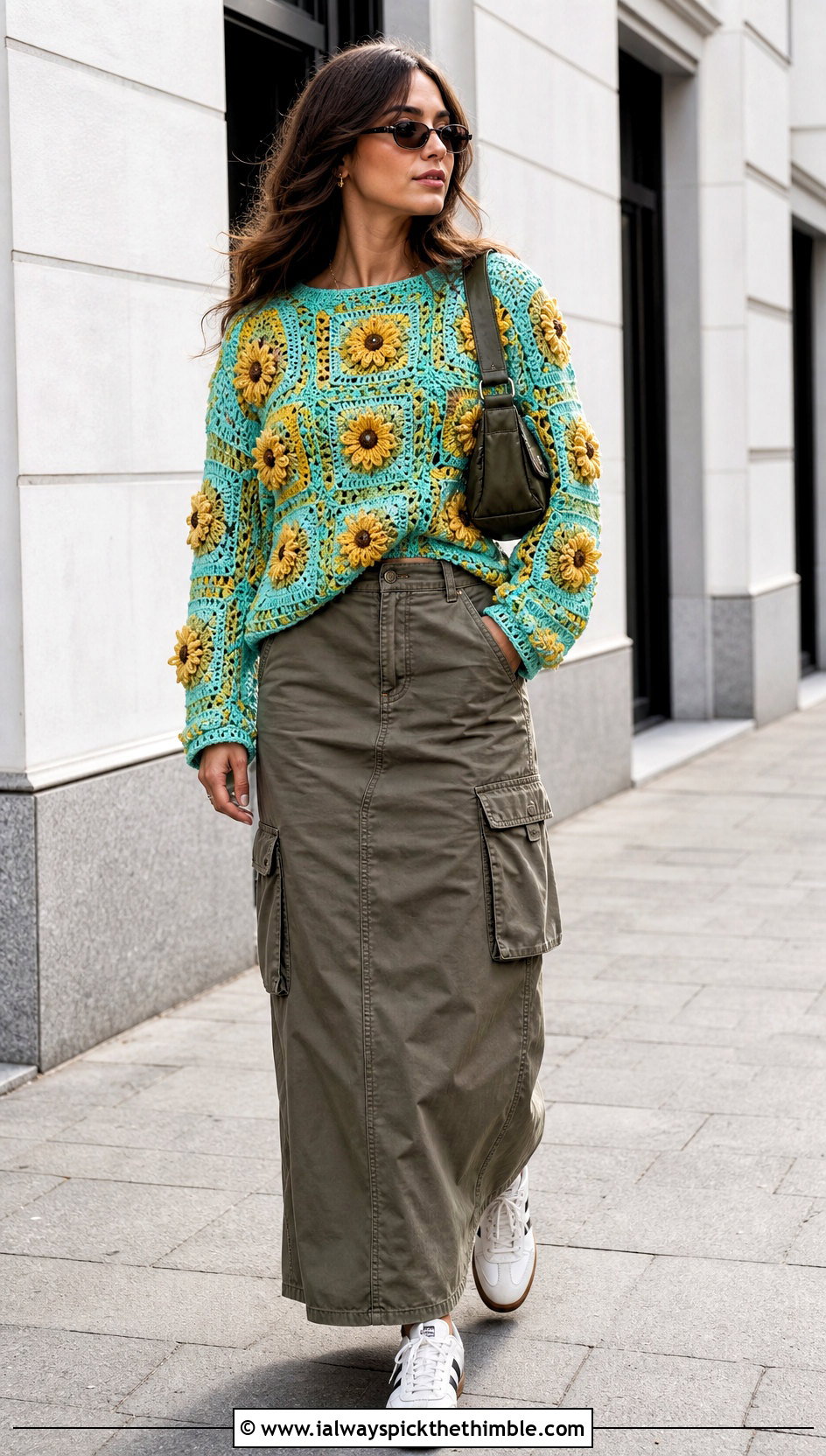 Drop Shoulder Sunflower Granny Square Sweater With Cargo Skirt - 20 sunflower granny square sweater outfit ideas