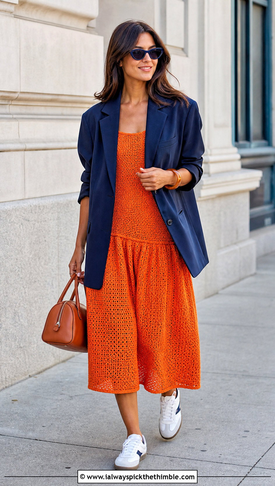 Drop Waist Crochet Dress With Blazer And Sneakers - 15 colorful crochet dress outfit ideas