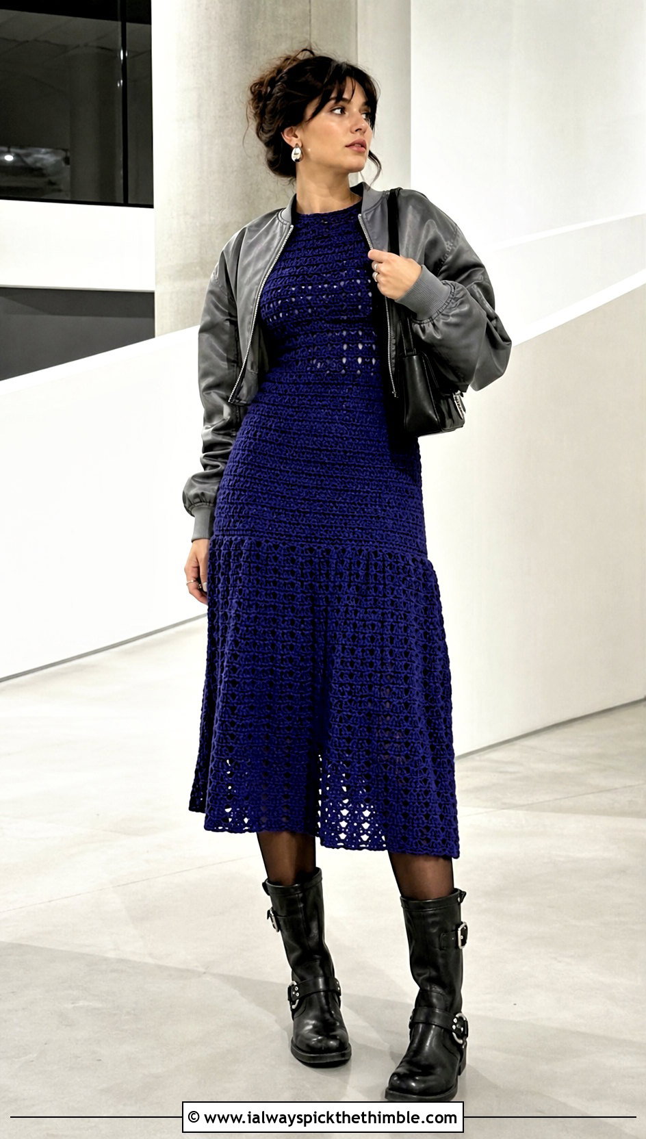 Drop Waist Crochet Dress With Moto Boots - 25 crochet dress inspo outfit ideas
