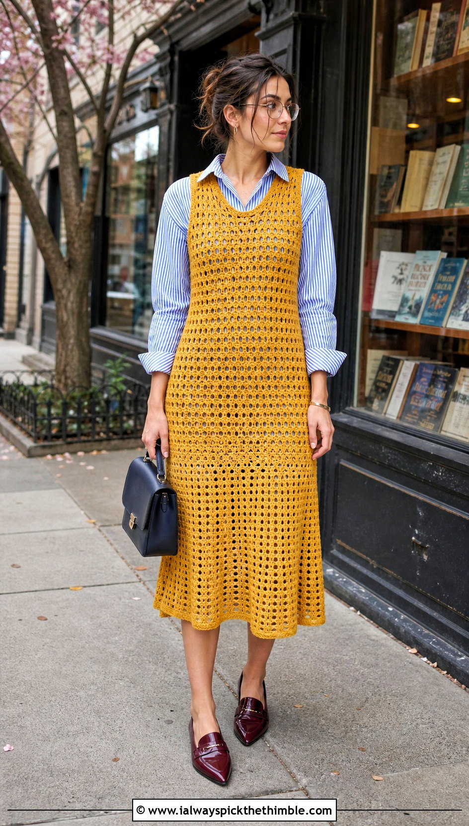 Drop Waist Crochet Dress With Striped Button Down - 15 Spring Style Crochet Dress outfit ideas