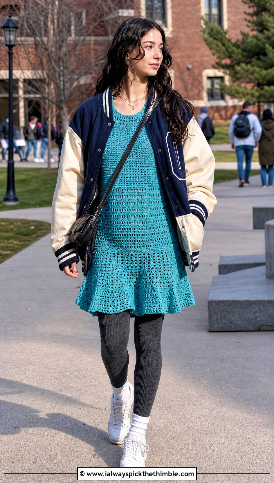 Drop Waist Crochet Winter Dress With Varsity Jacket - 25 crochet winter dress outfit ideas