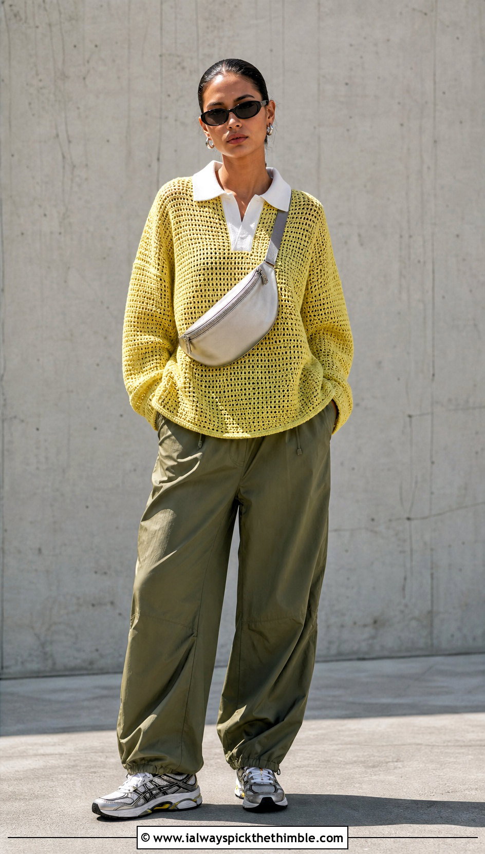 Dropped Shoulder Crochet Rugby Shirt With Parachute Pants - 20 Crochet Rugby Shirt outfit ideas