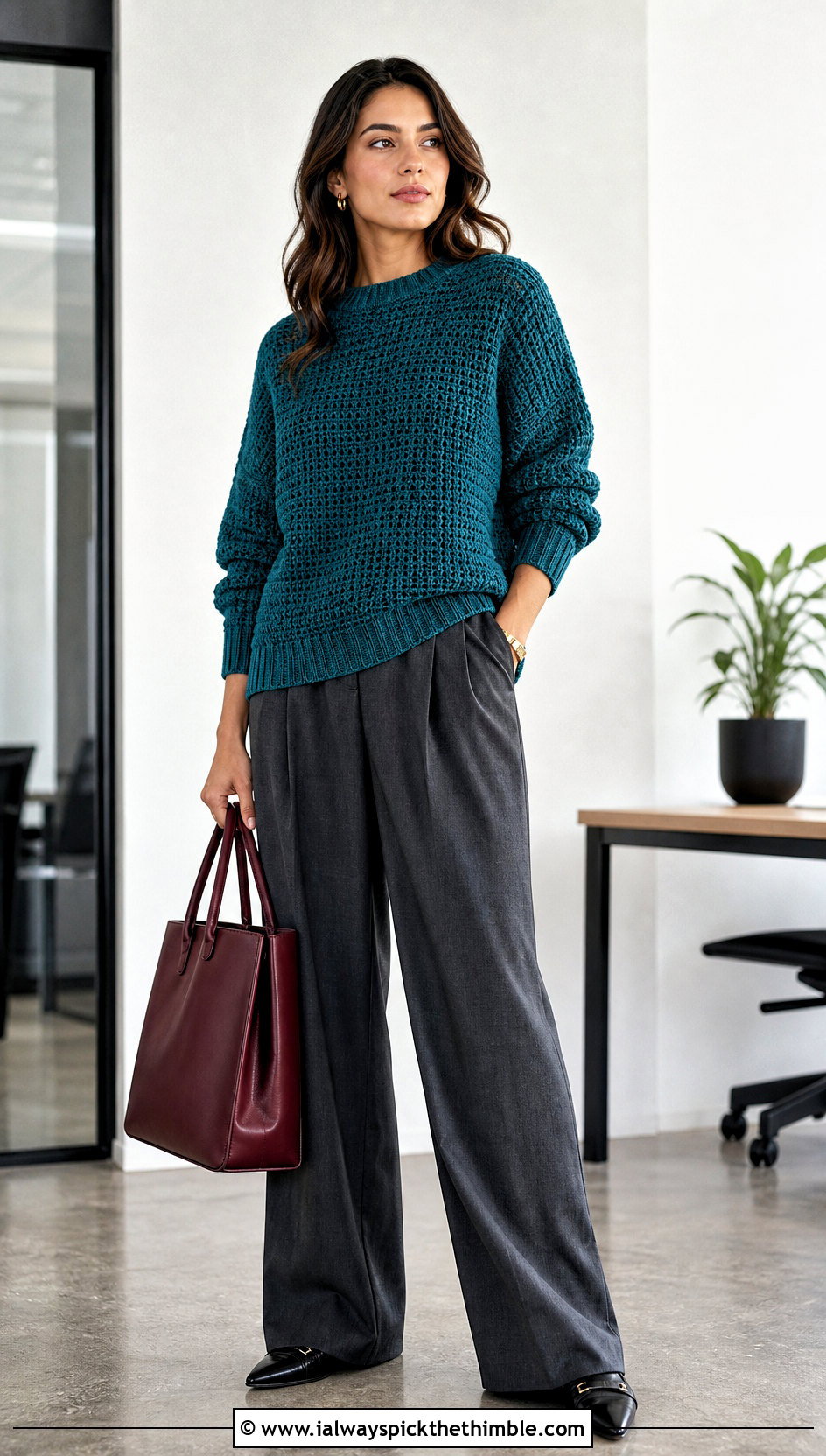 Dropped Shoulder Crochet Sweater With Tailored Pants - 15 Simple Crochet Sweater Design outfit ideas