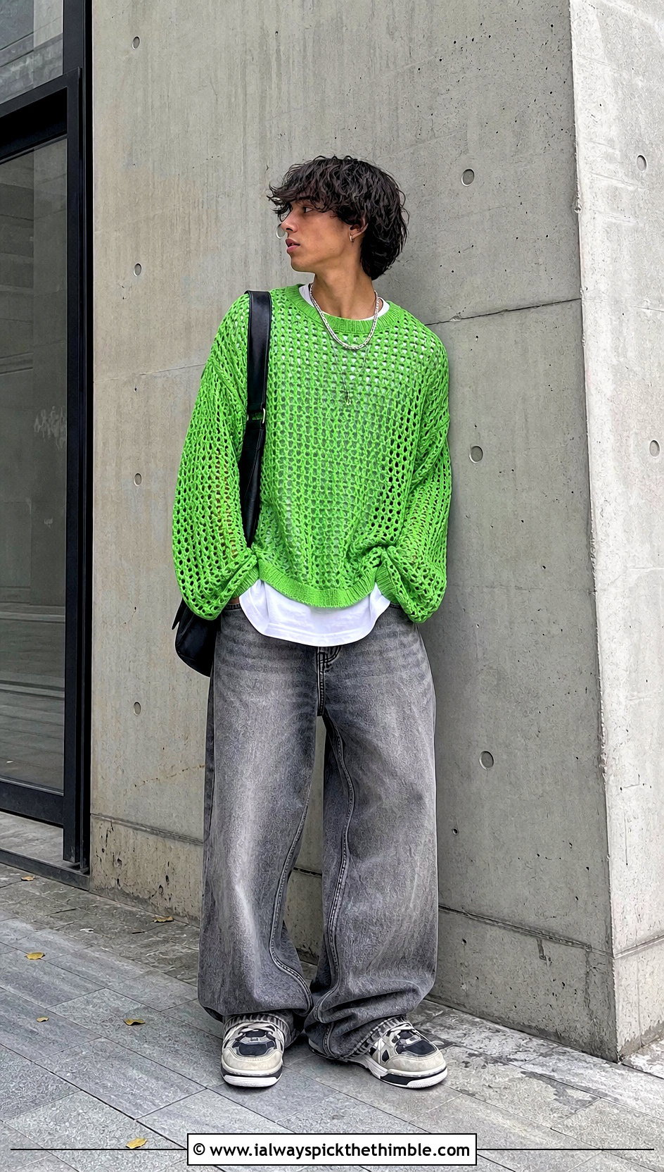 Dropped Shoulder Crochet Sweater With Wide Leg Jeans - 20 men's crochet sweater outfit ideas