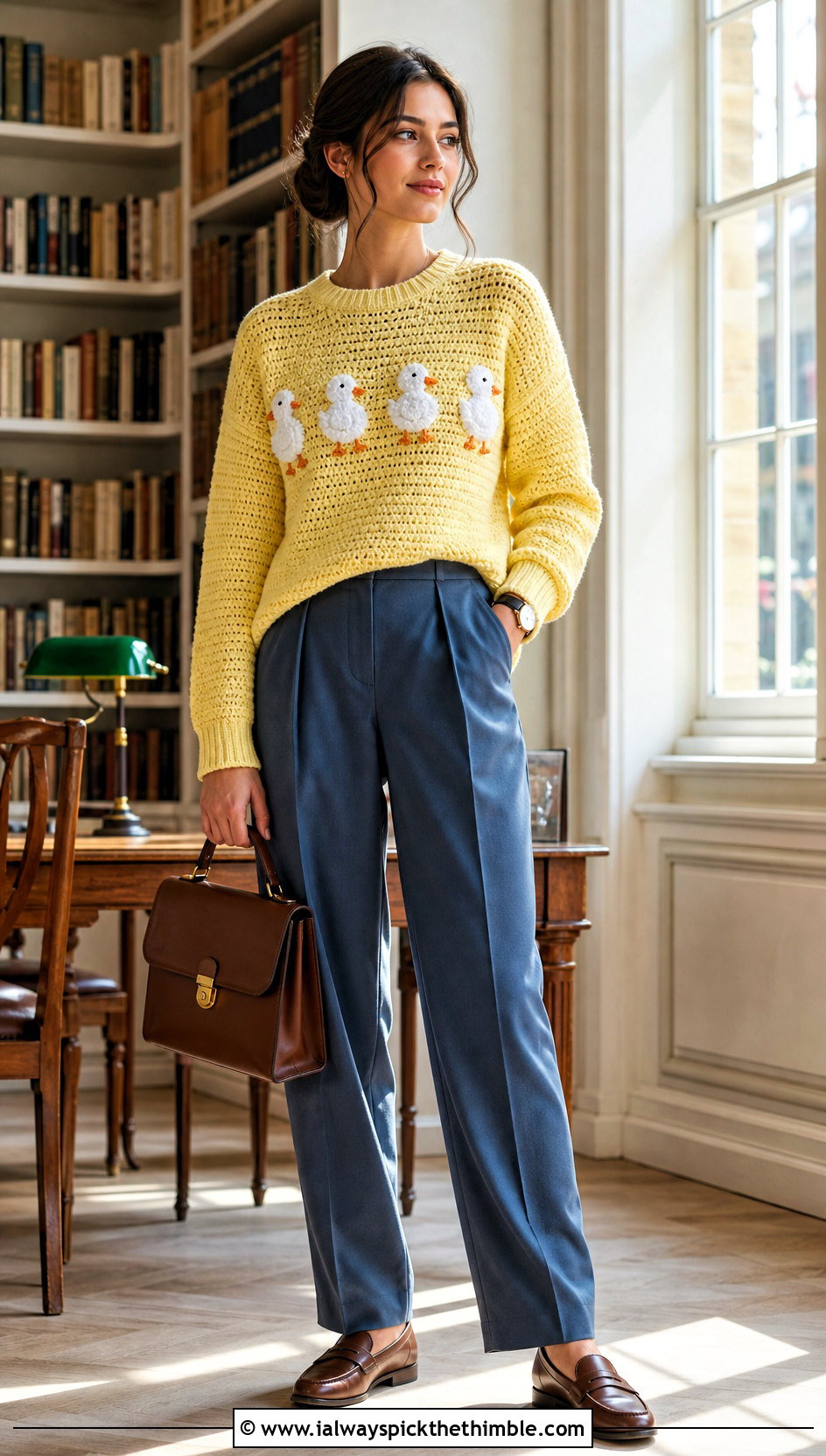 Duck Amigurumi Sweater With Pleated Trousers - 20 amigurumi sweater outfit ideas