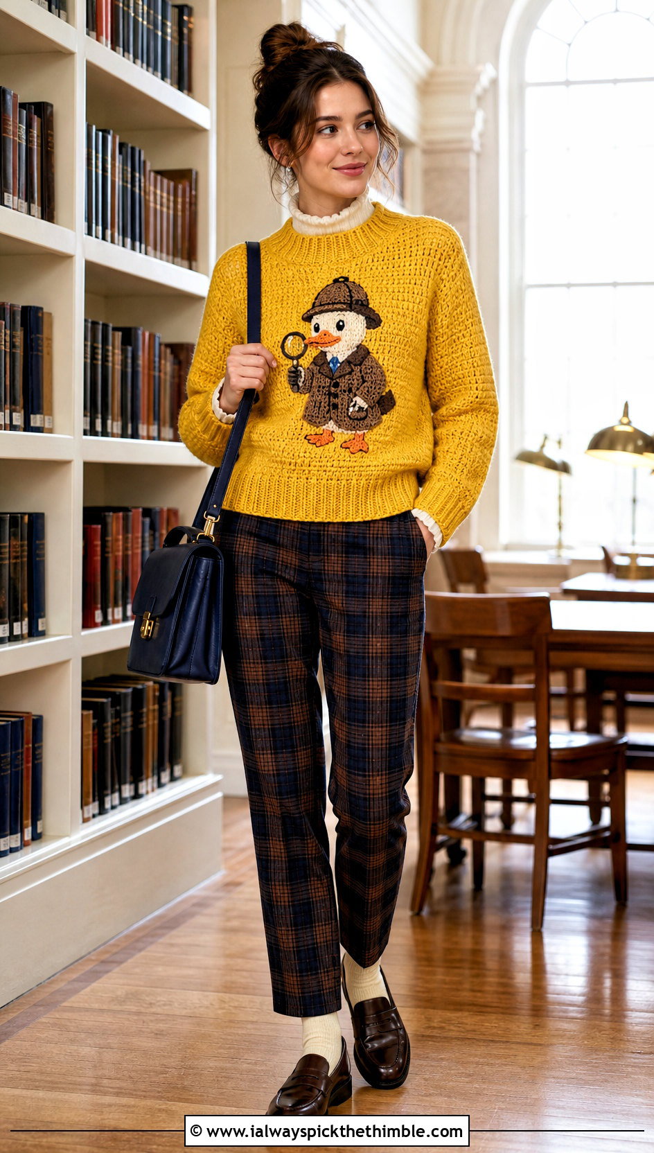 Ducktective Crochet Mabel Sweater With Plaid Trousers - 25 crochet mabel sweater outfit ideas