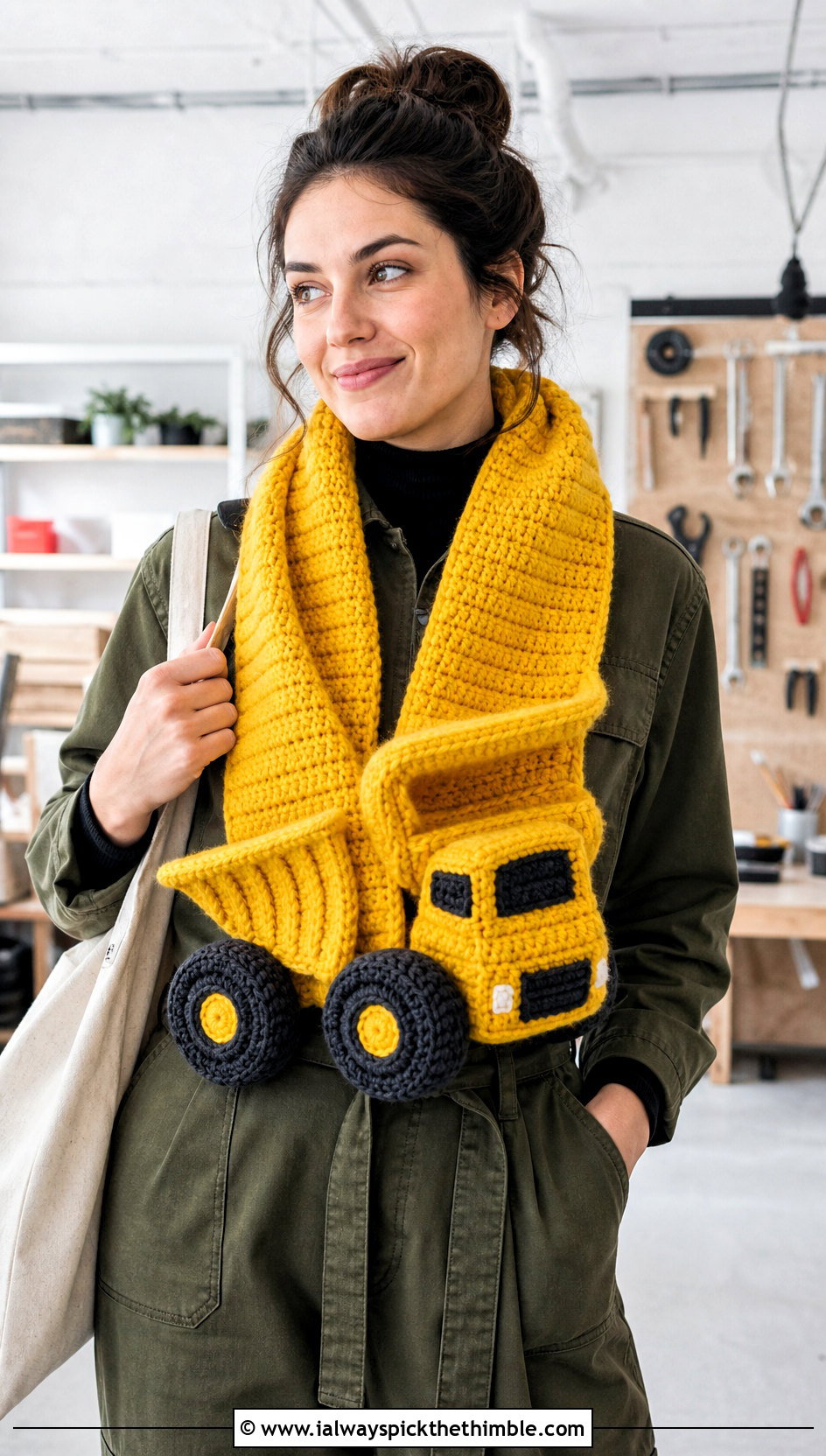 Dump Truck Crochet Scarf With Utility Jumpsuit - 20 Crochet Truck Scarf outfit ideas