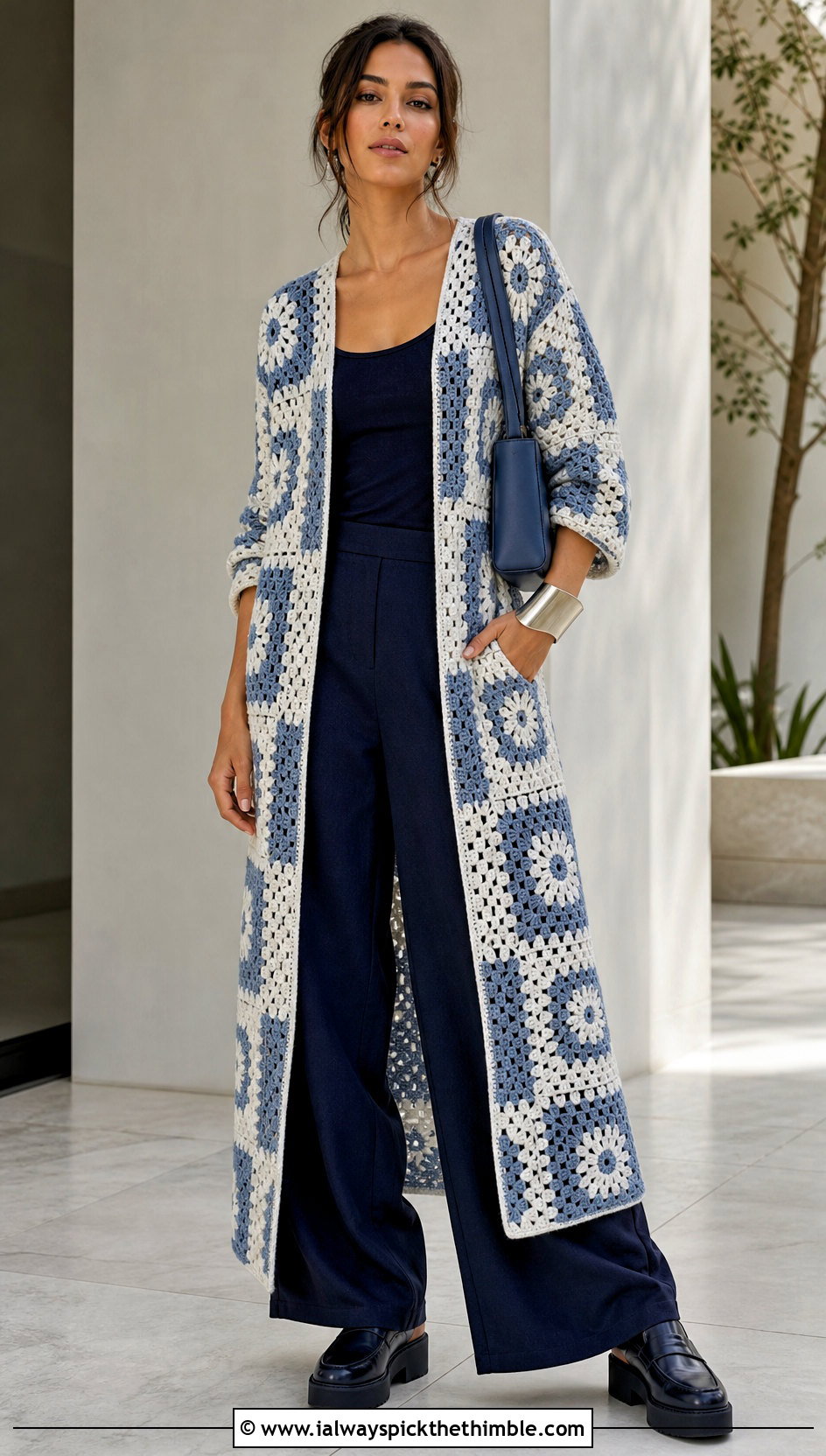 Duster Checkered Granny Square Cardigan With Monochrome Outfit - 20 checkered granny square cardigan outfit ideas