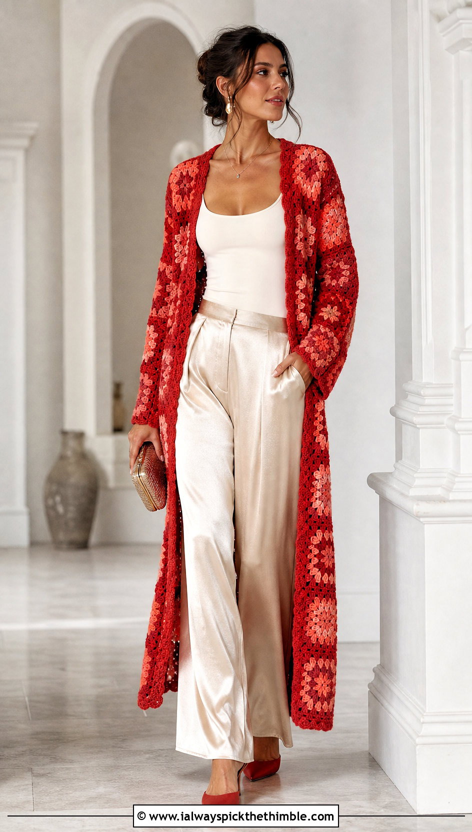 Duster Chunky Granny Square Cardigan With Satin Trousers - 25 Chunky Granny Square Cardigan outfit ideas