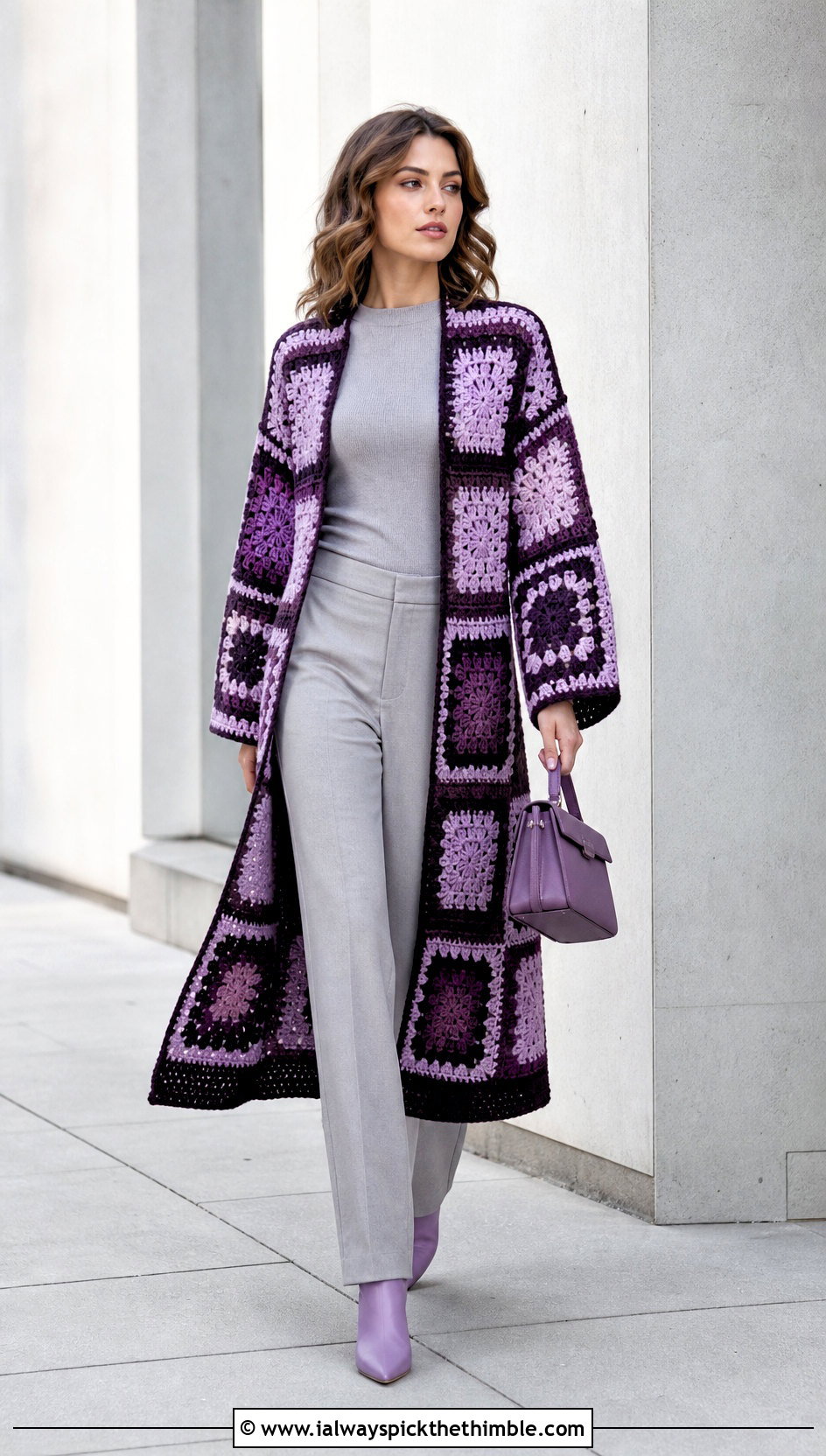 Duster Crochet Checkered Cardigan With Monochrome Basics - 25 crochet checkered cardigan outfit ideas